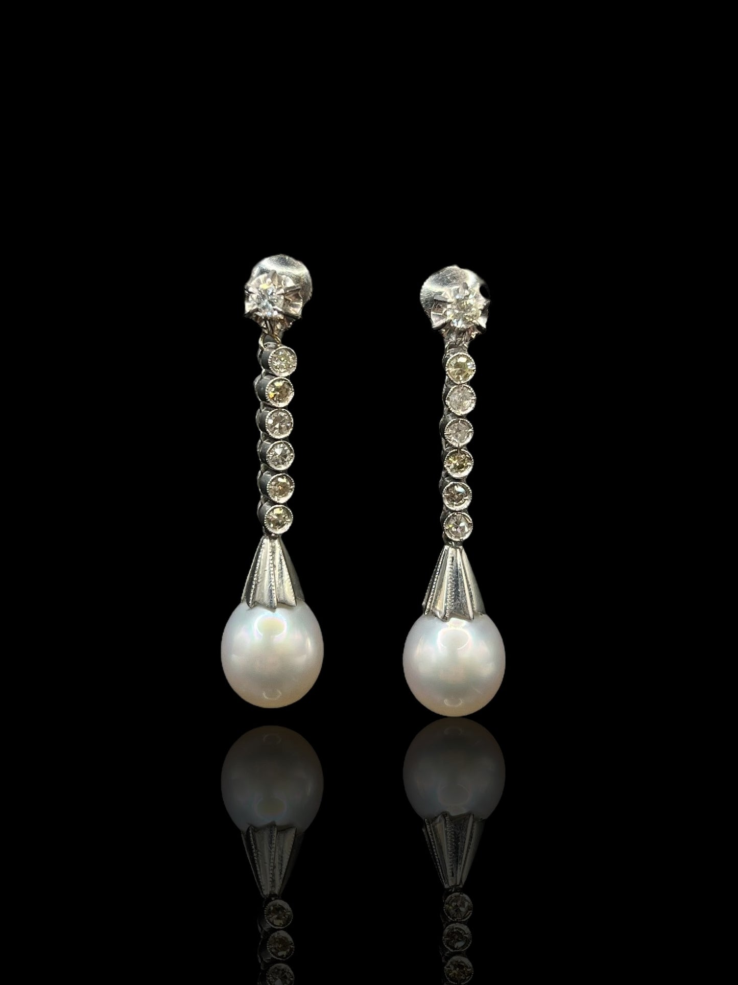 Vintage Platinum Pearl & Diamond Drop Earrings