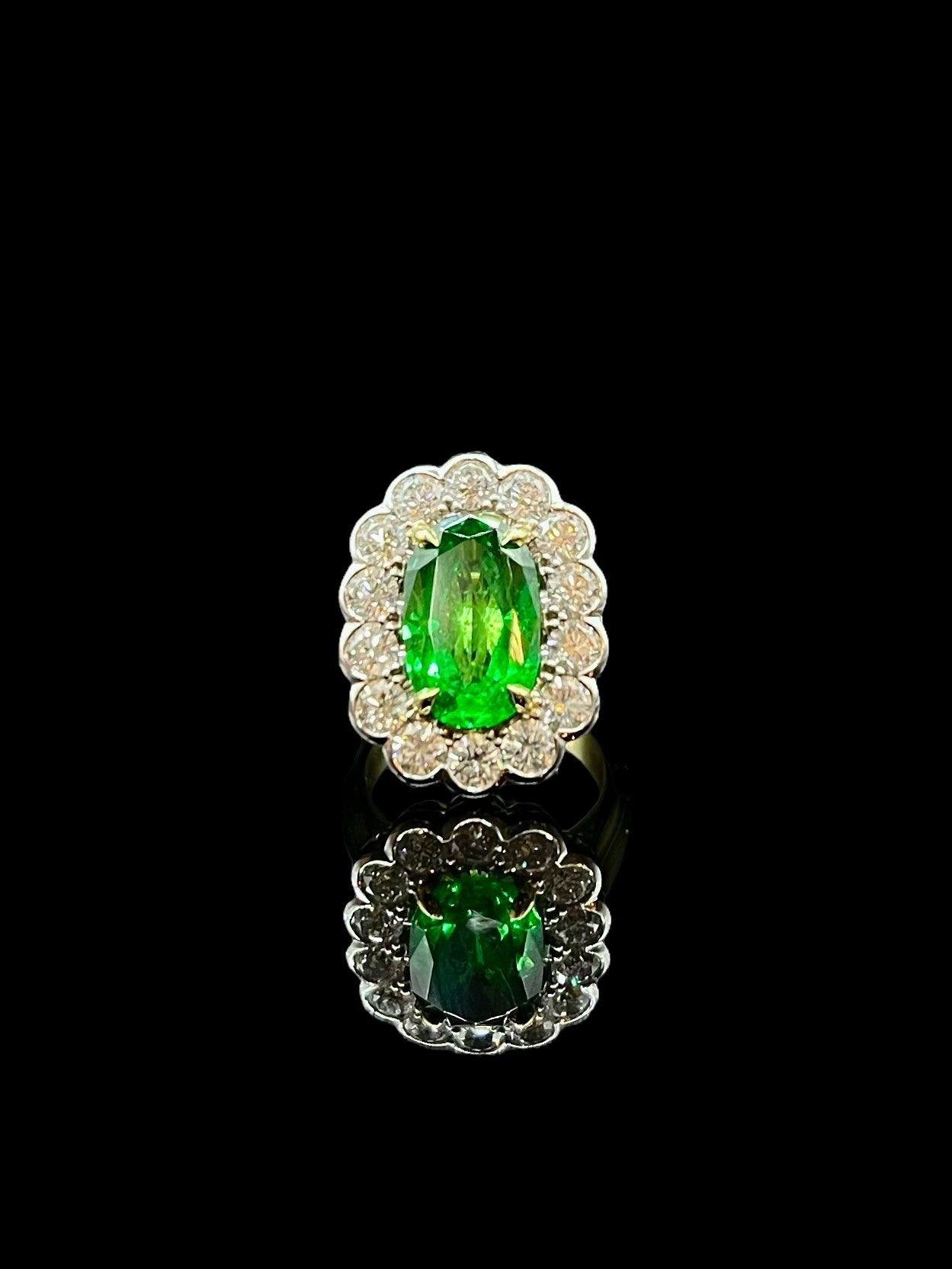 Modern Yellow & White Gold Tsavorite Garnet Diamond Halo Ring