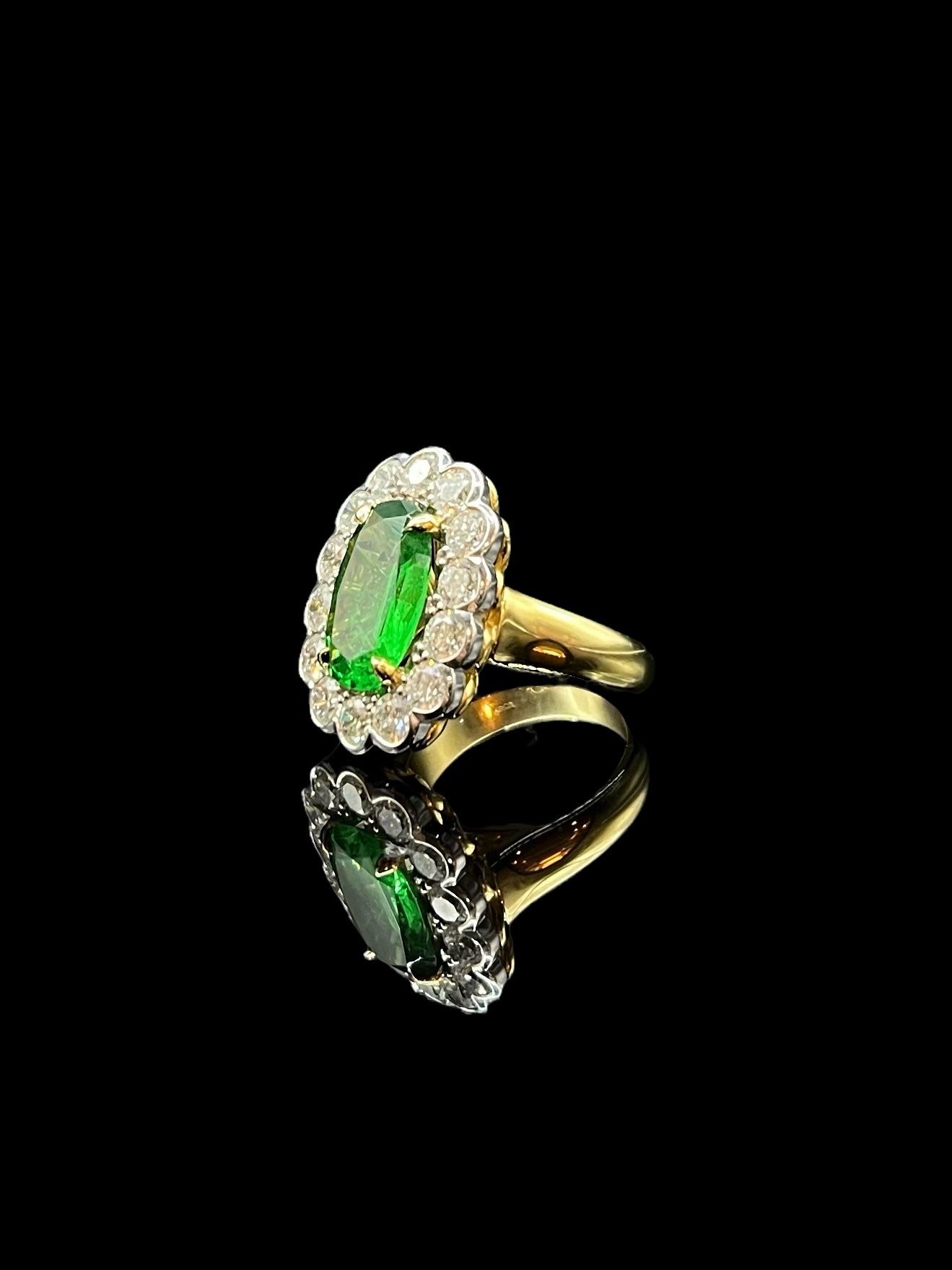 Modern Yellow & White Gold Tsavorite Garnet Diamond Halo Ring