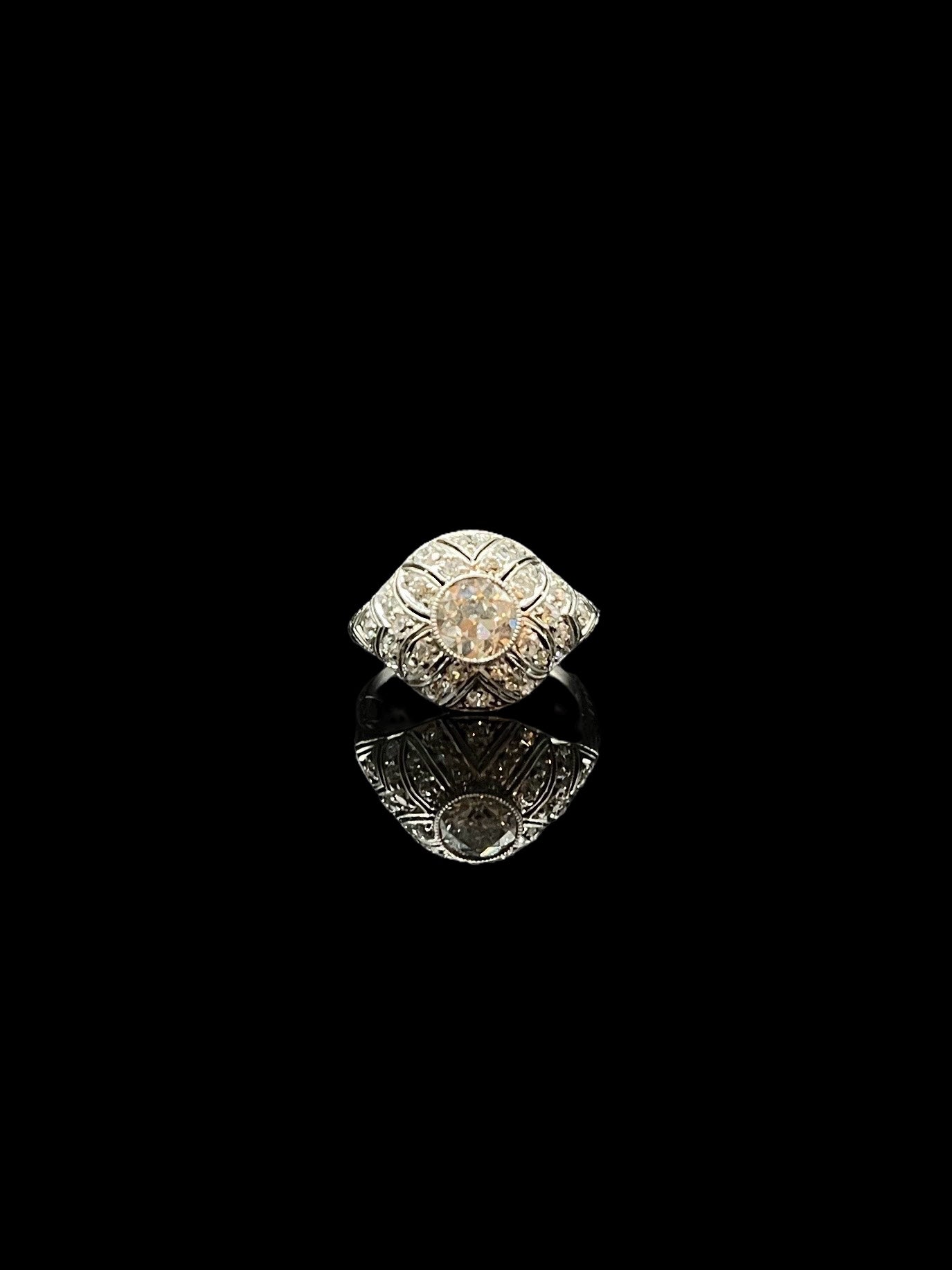 Antique Platinum Decorated Diamond Bombe Ring