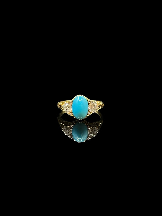 Antique Yellow Gold Ornate Turquoise & Diamond Trilogy Ring