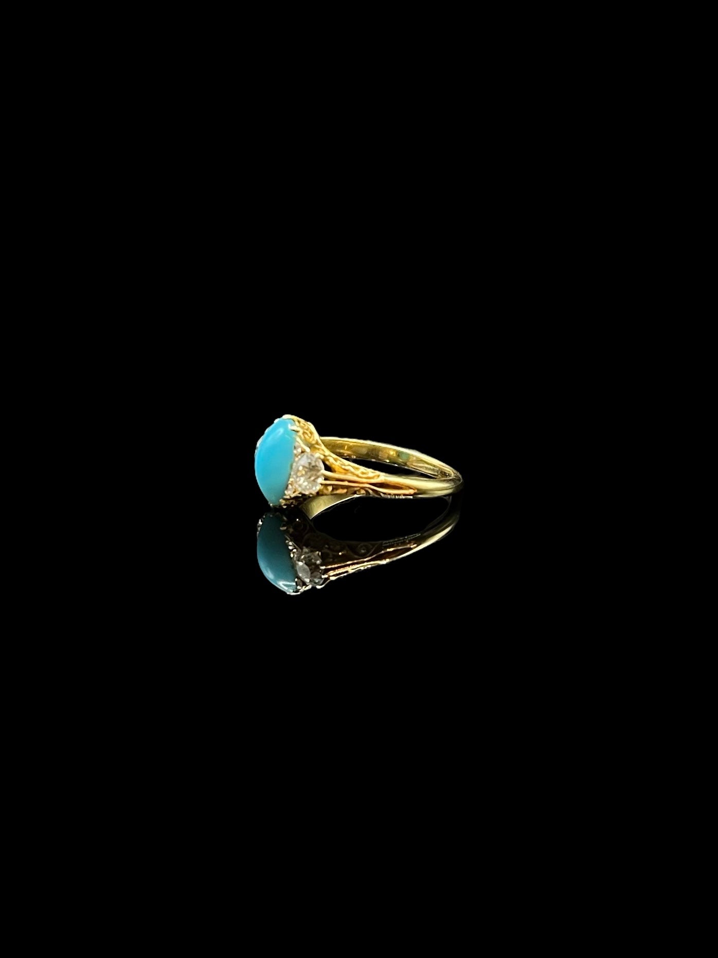 Antique Yellow Gold Ornate Turquoise & Diamond Trilogy Ring