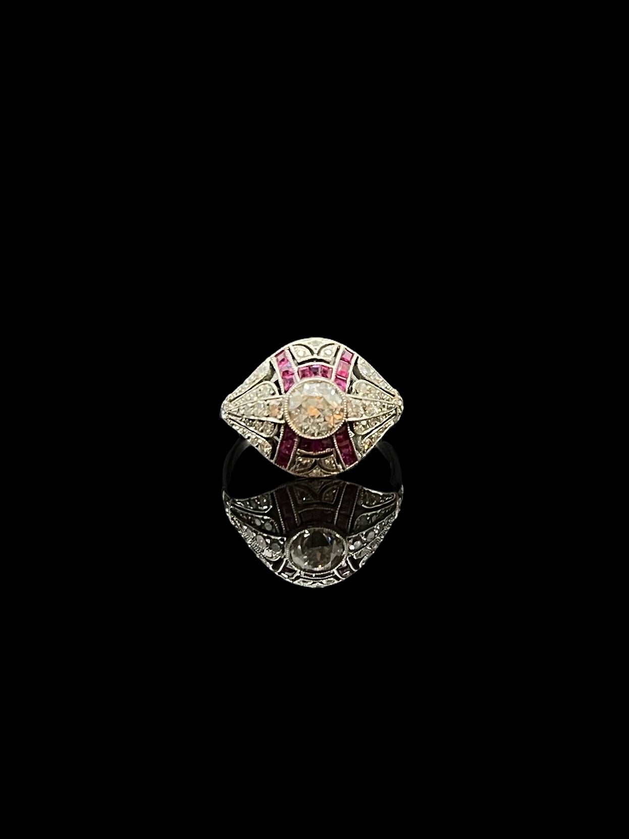 Antique Art Deco Platinum Ruby & Diamond Bombe Ring