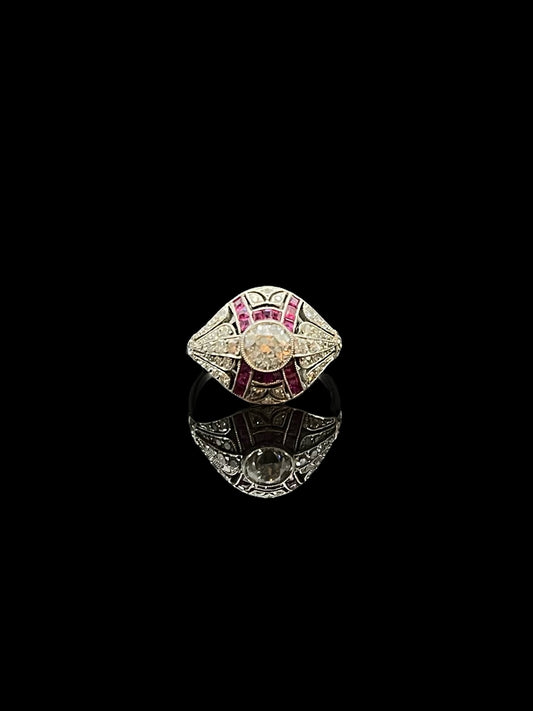 Antique Art Deco Platinum Ruby & Diamond Bombe Ring