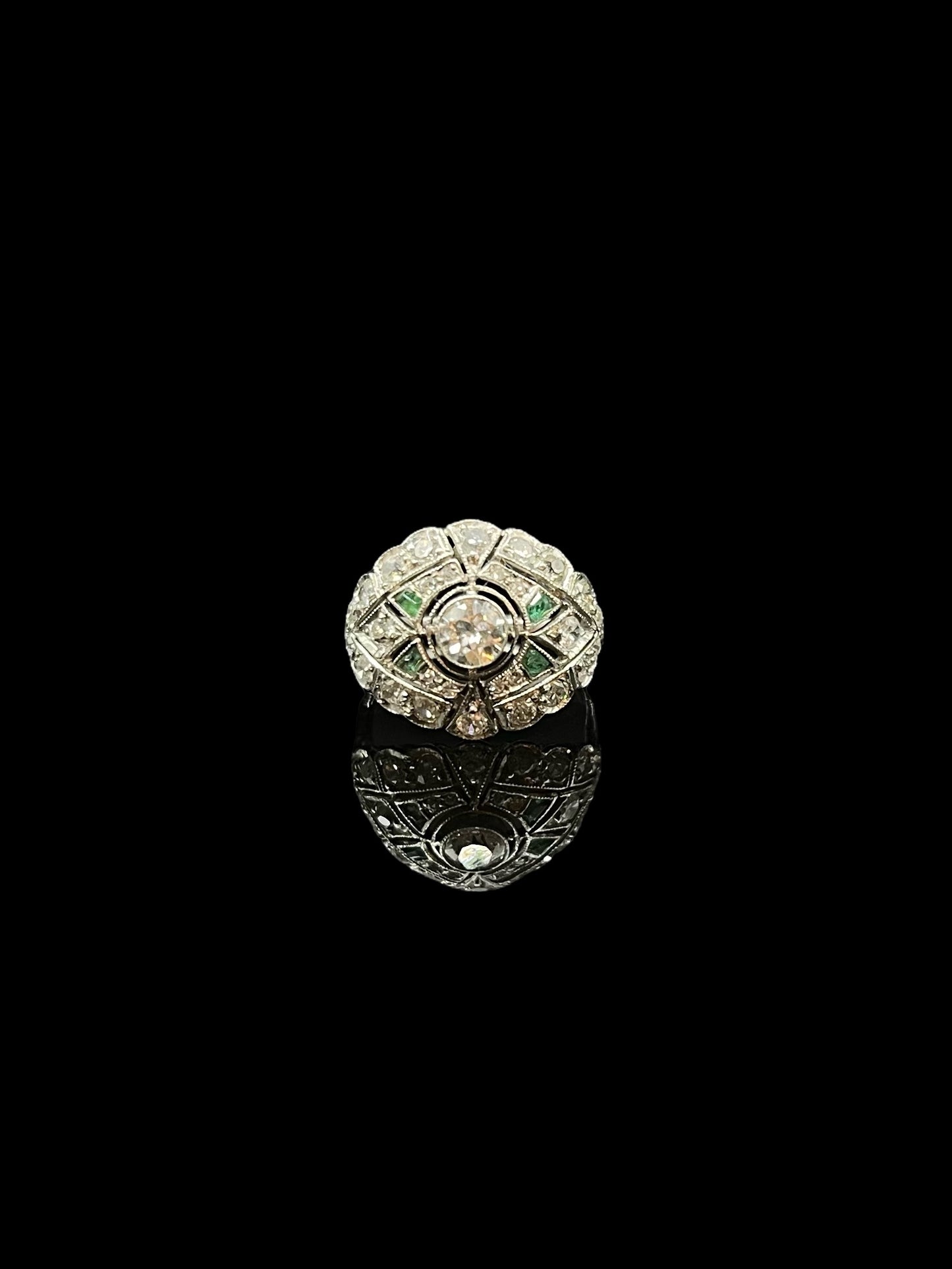 Antique Art Deco Platinum Emerald & Diamond Bombe Ring