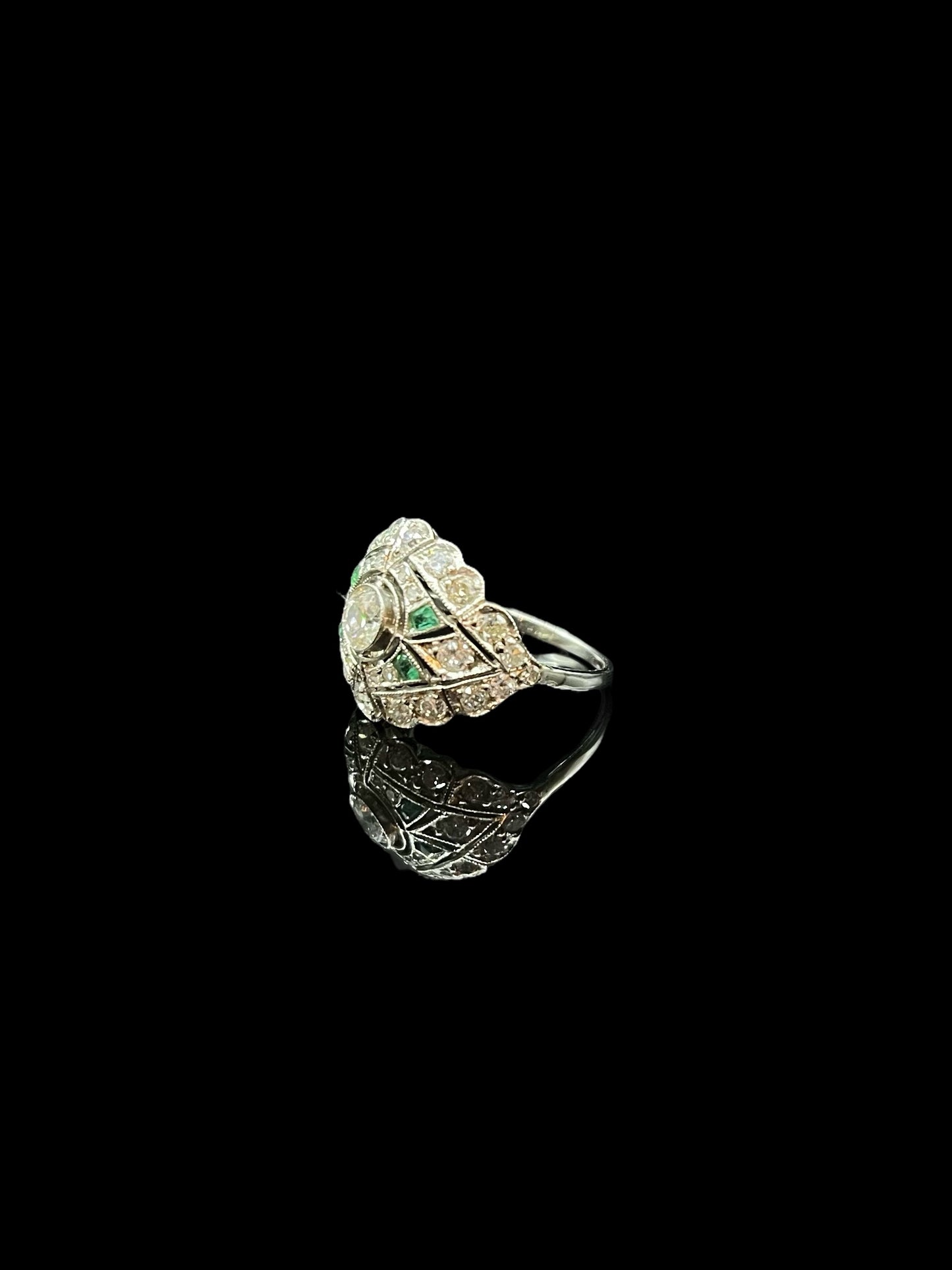 Antique Art Deco Platinum Emerald & Diamond Bombe Ring