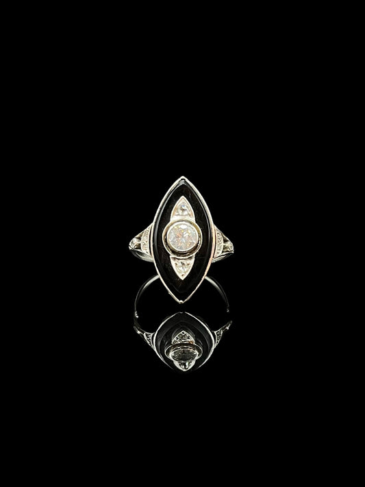 Antique Platinum Onyx & Diamond Plaque Ring