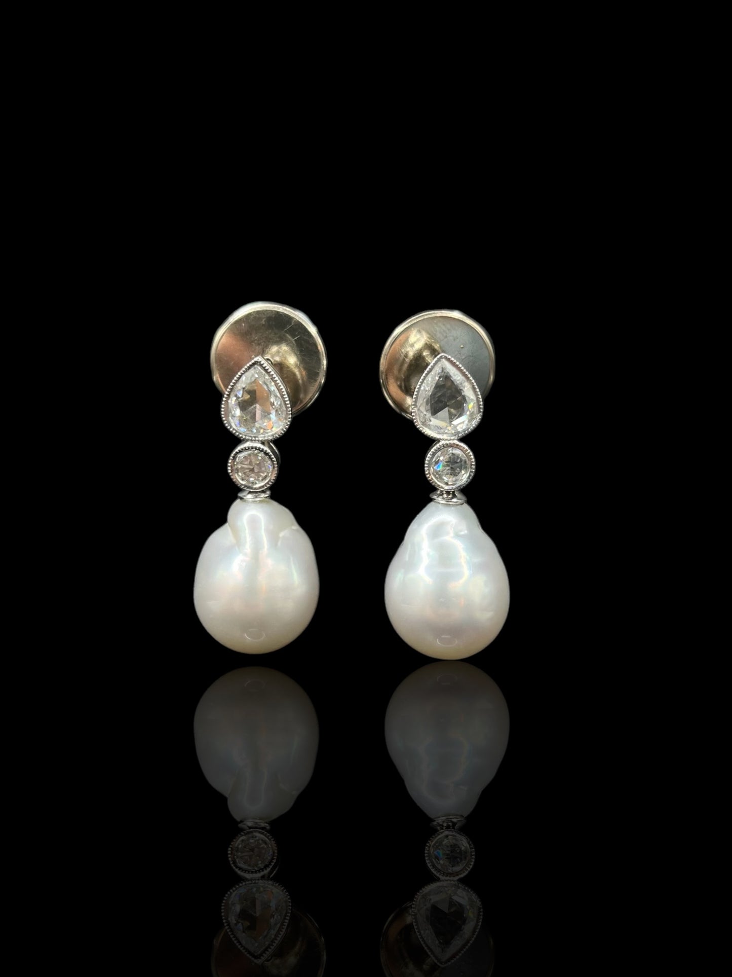 Vintage White Gold South Sea Baroque Pearl & Diamond Drop Earrings