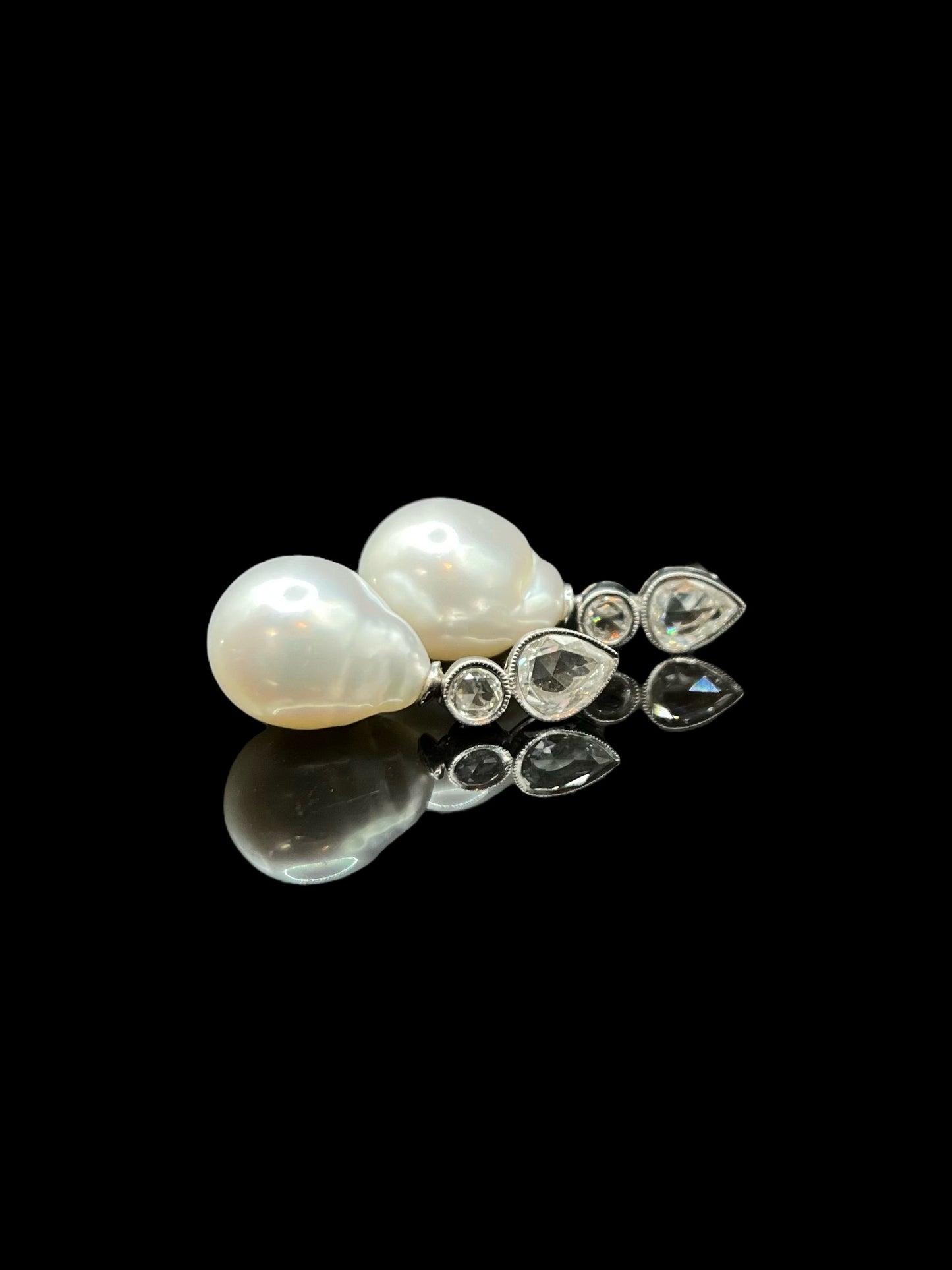 Vintage White Gold South Sea Baroque Pearl & Diamond Drop Earrings