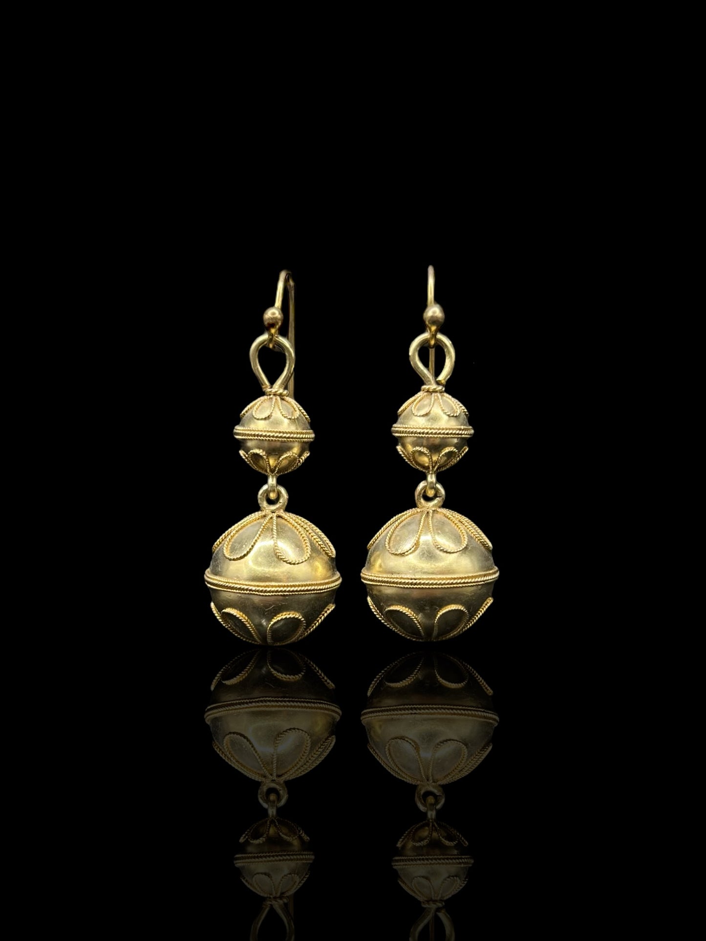 Etruscan Victorian Yellow Gold Double Ball Drop Earrings