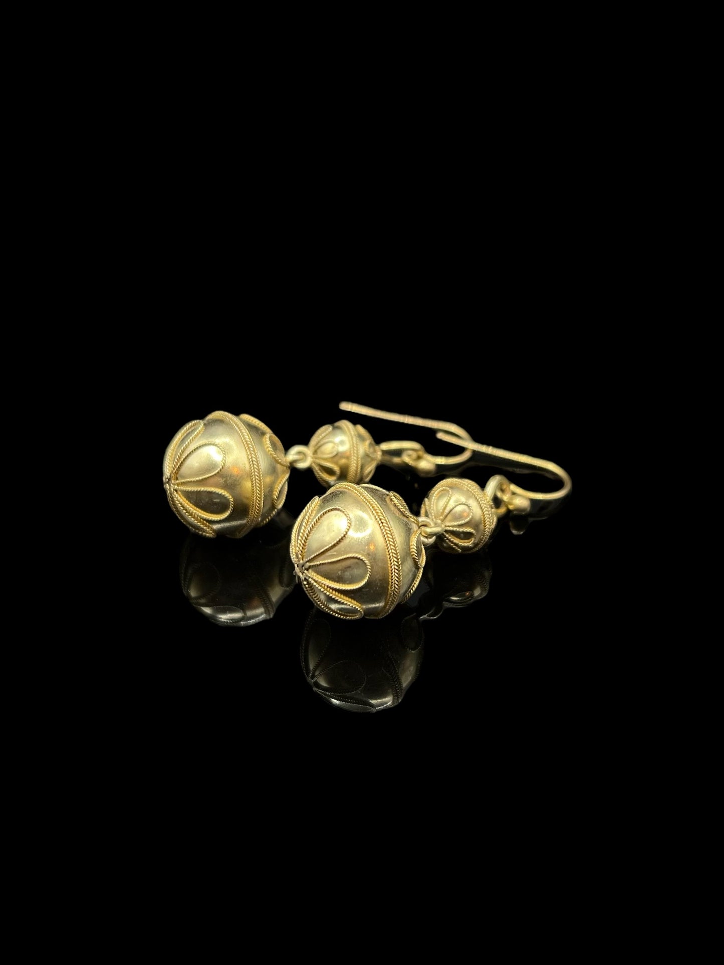 Etruscan Victorian Yellow Gold Double Ball Drop Earrings