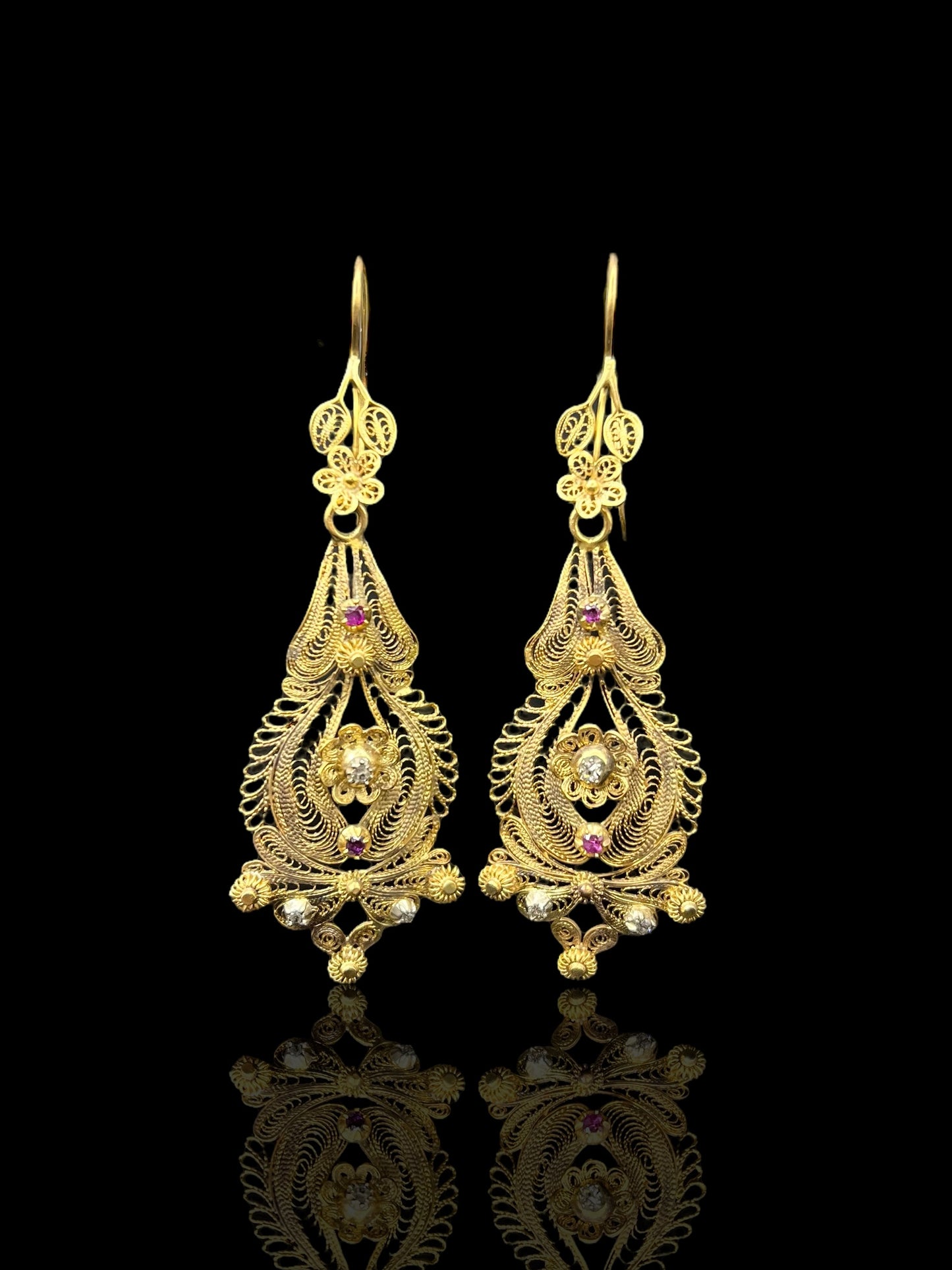 Etruscan Yellow Gold Ruby & Diamond Lace Drop Earrings