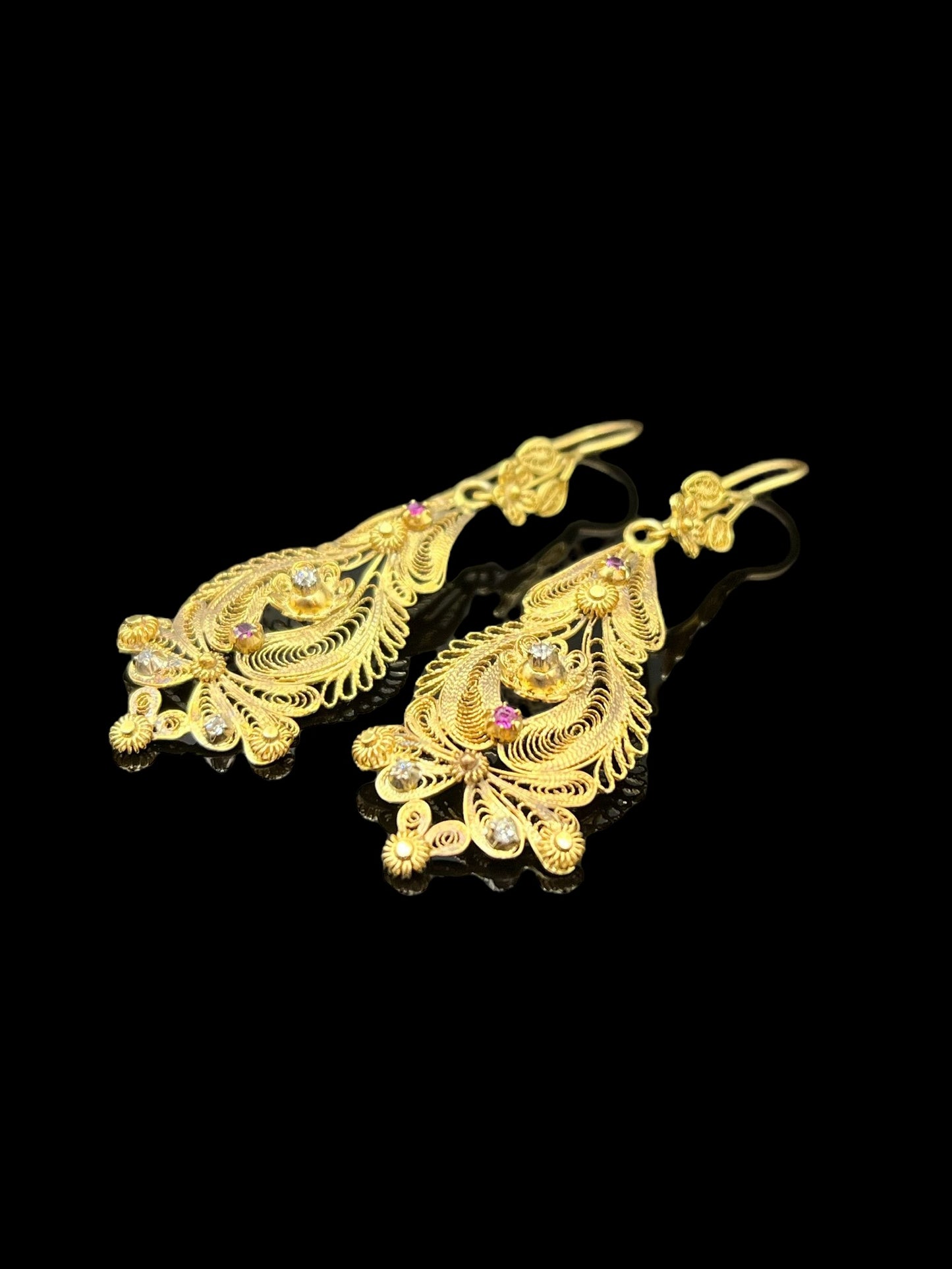 Etruscan Yellow Gold Ruby & Diamond Lace Drop Earrings