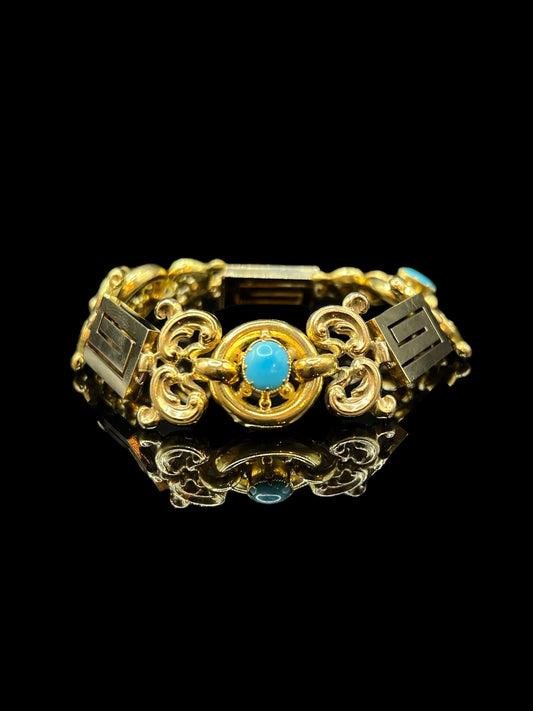 Victorian Yellow Gold Ornate & Greek Key Turquoise Bracelet