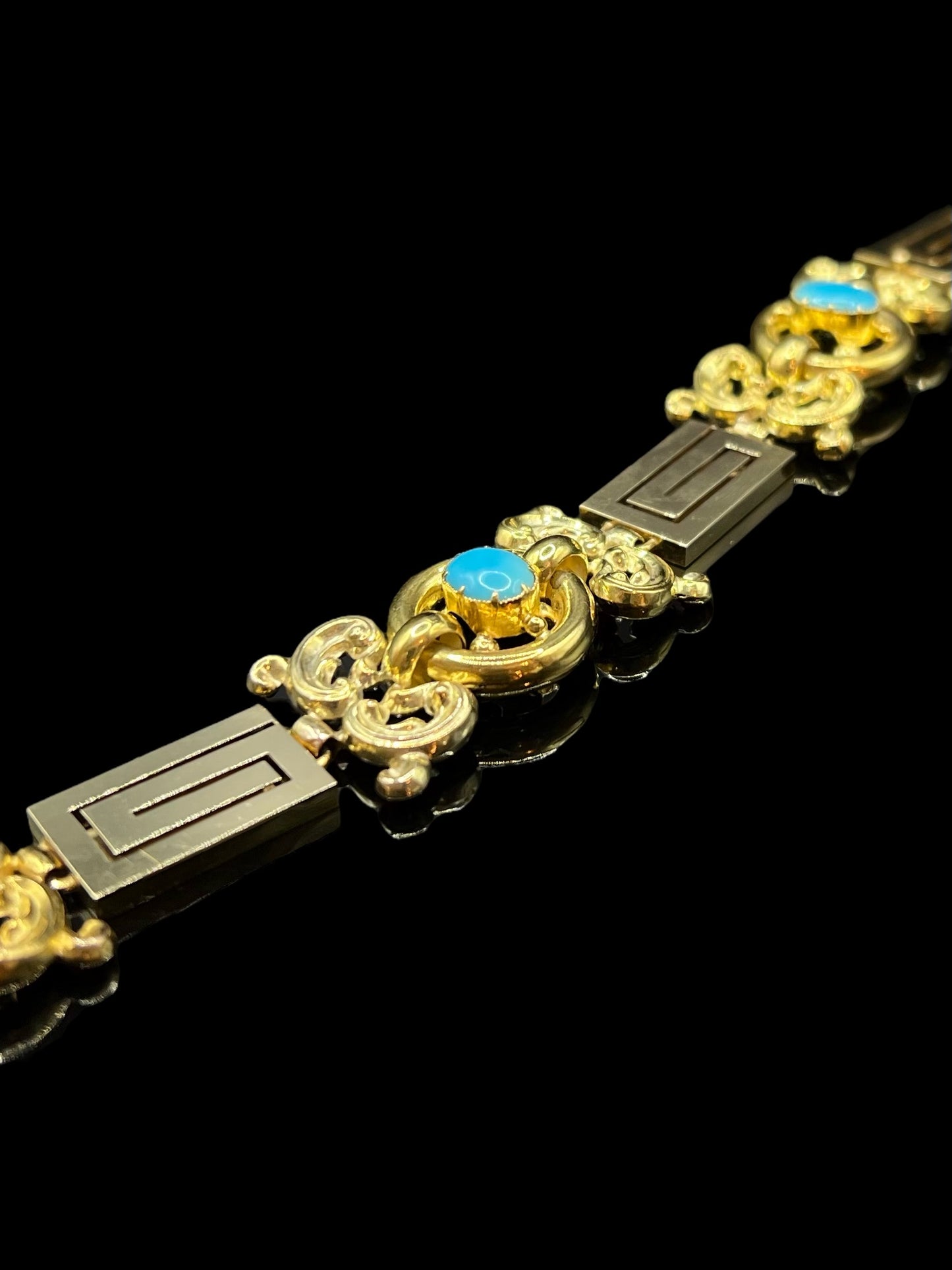 Victorian Yellow Gold Ornate & Greek Key Turquoise Bracelet