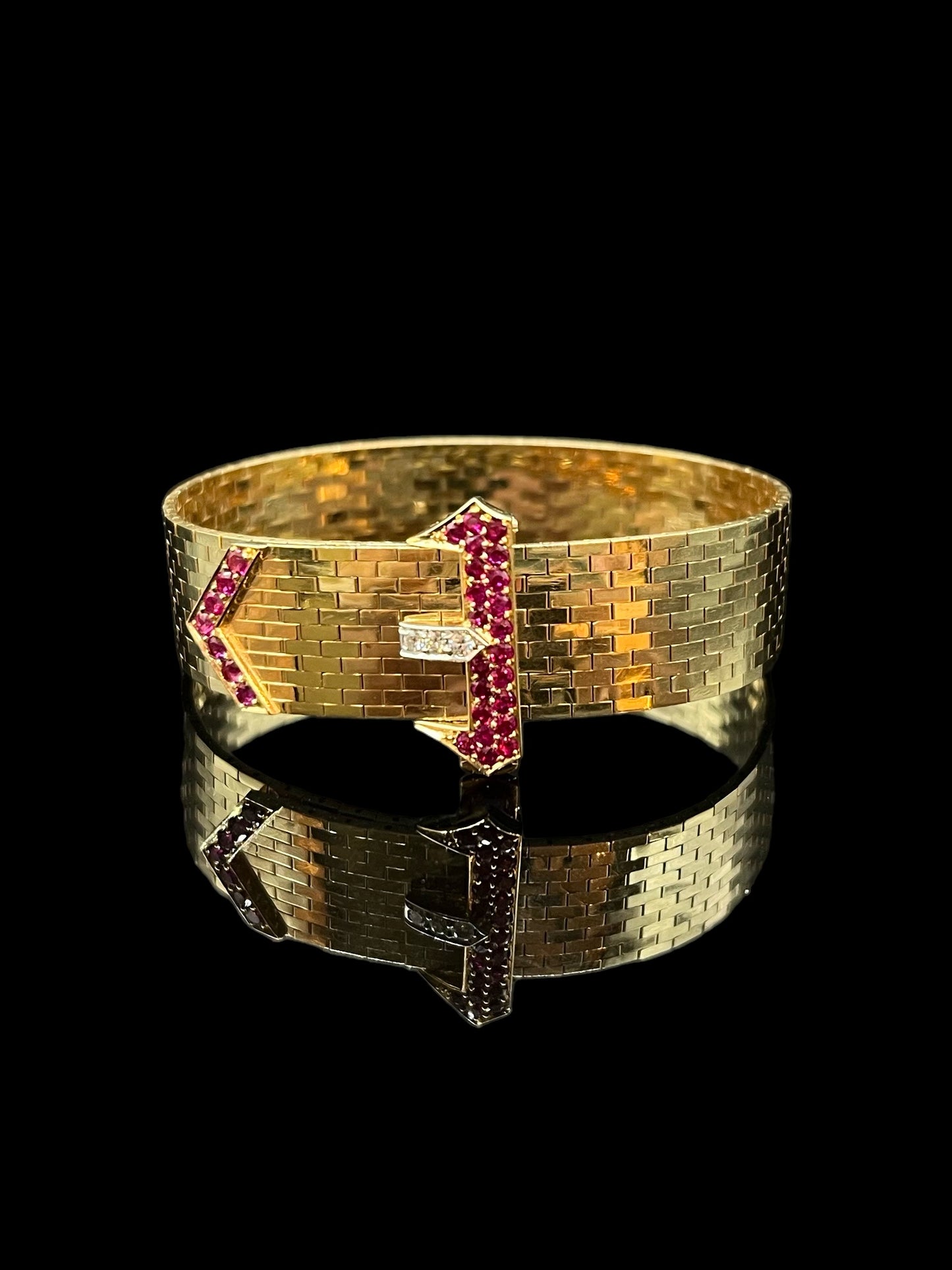 Vintage Yellow Gold Diamond & Created Ruby Belt Buckle Bracelet