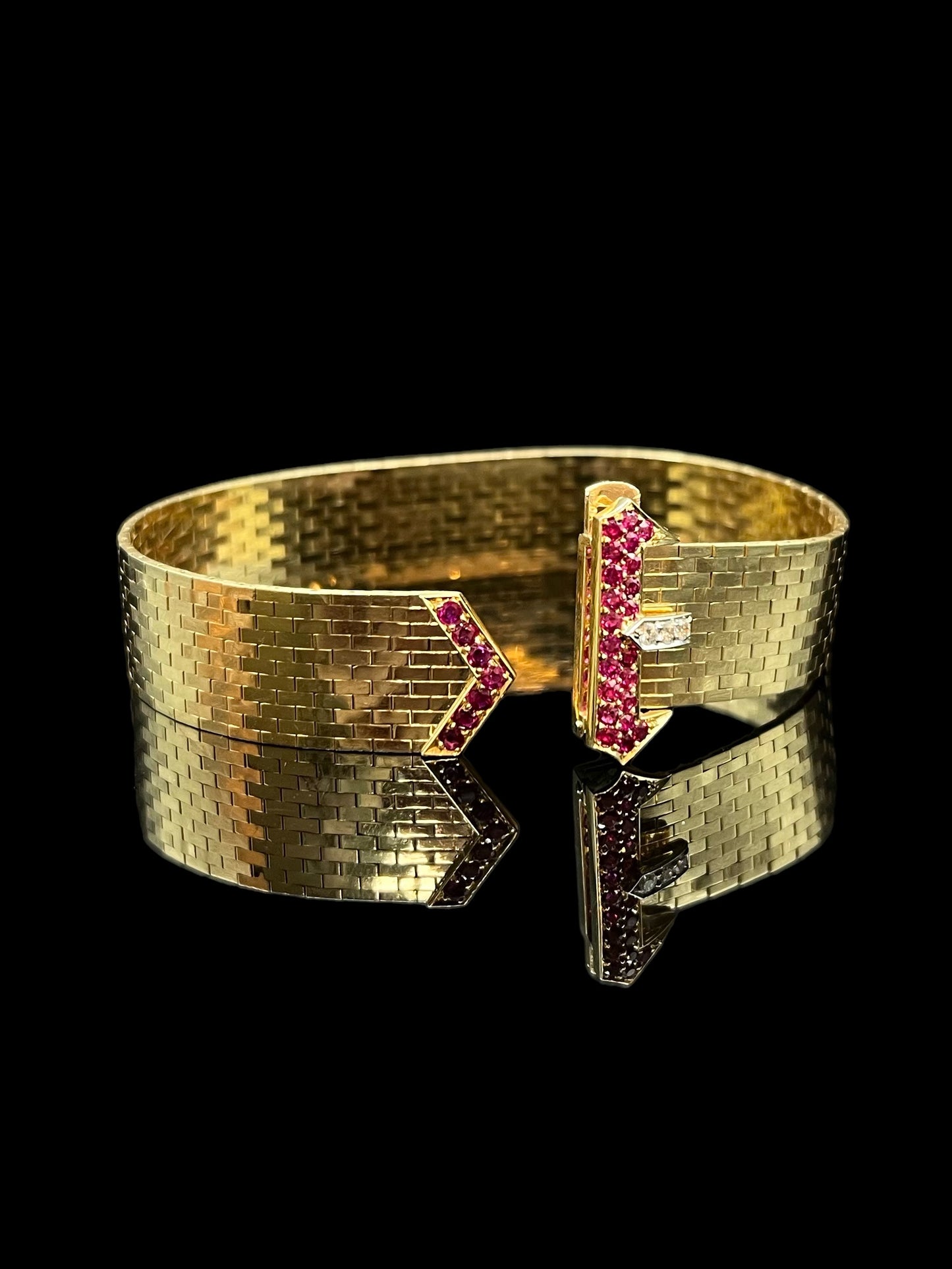 Vintage Yellow Gold Diamond & Created Ruby Belt Buckle Bracelet