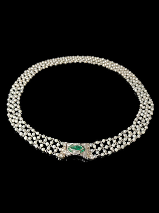 Antique White Gold Diamond Emerald & Seed Pearl Elaborate Choker