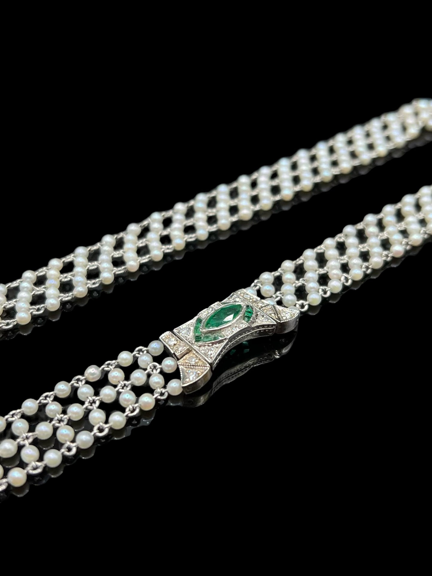 Antique White Gold Diamond Emerald & Seed Pearl Elaborate Choker