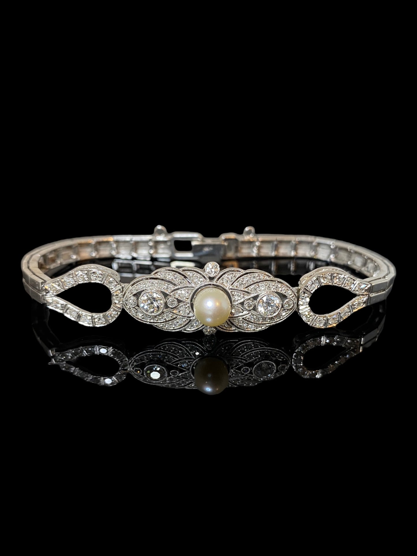 Vintage White Gold Pearl & Diamond Ornate Bracelet