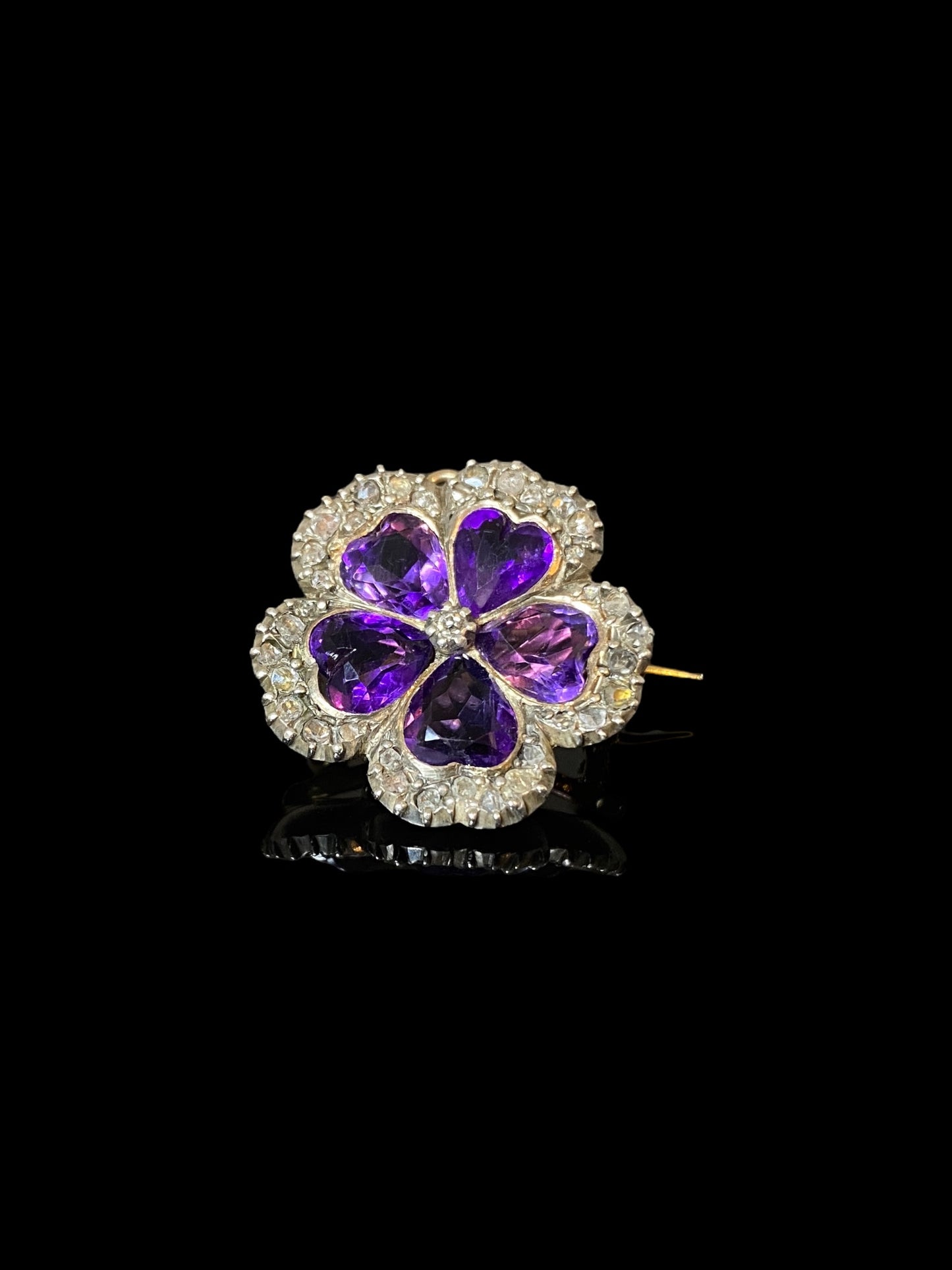 Antique Yellow Gold Amethyst & Diamond Flower Brooch