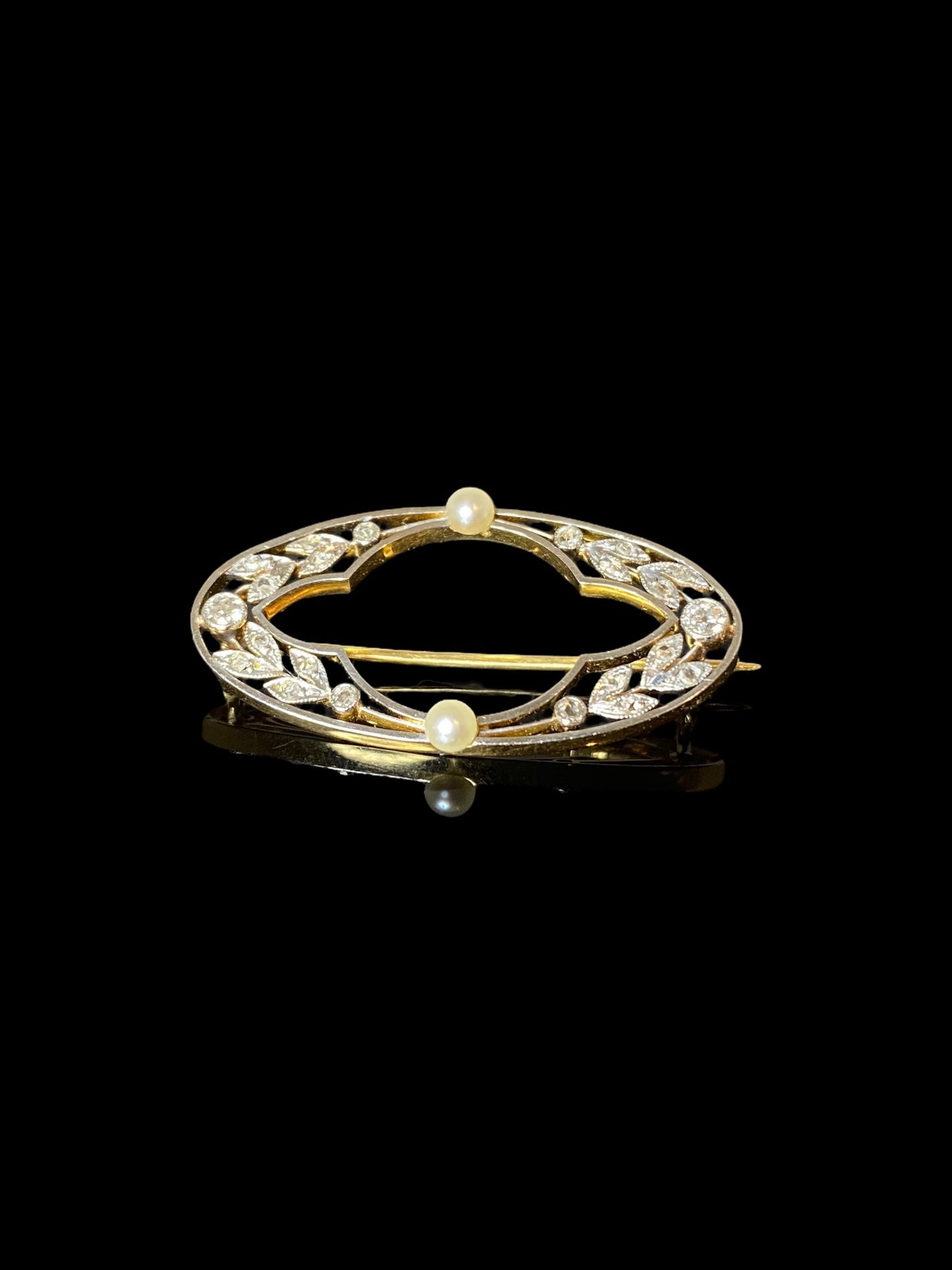 Antique Yellow & White Gold Pearl Diamond Oval Brooch