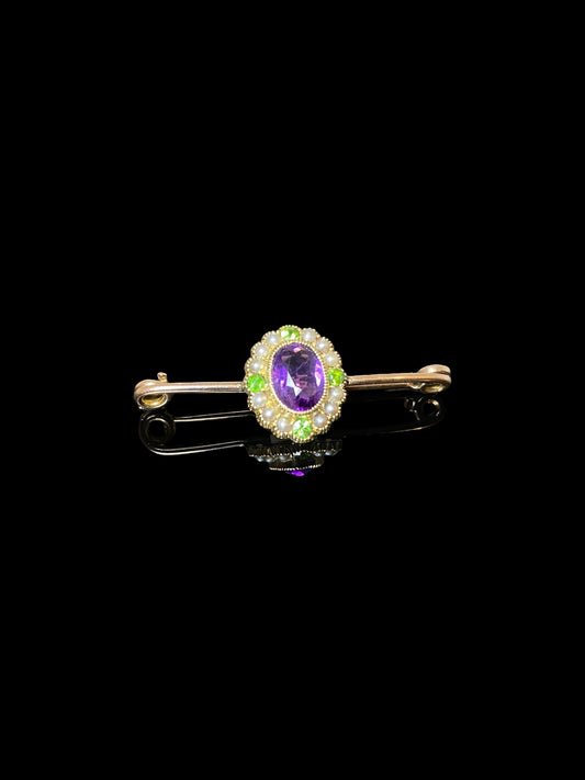 Vintage Rose Gold Amethyst Peridot & Seed Pearl Suffragette Brooch