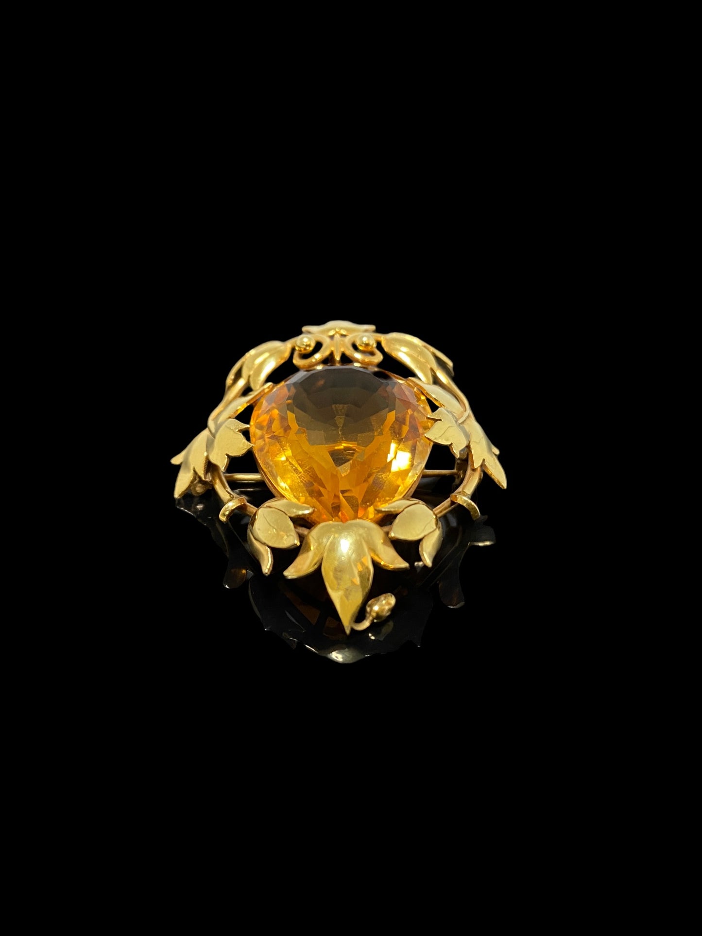 Vintage Yellow Gold Citrine Autumn Leaf Dress Brooch