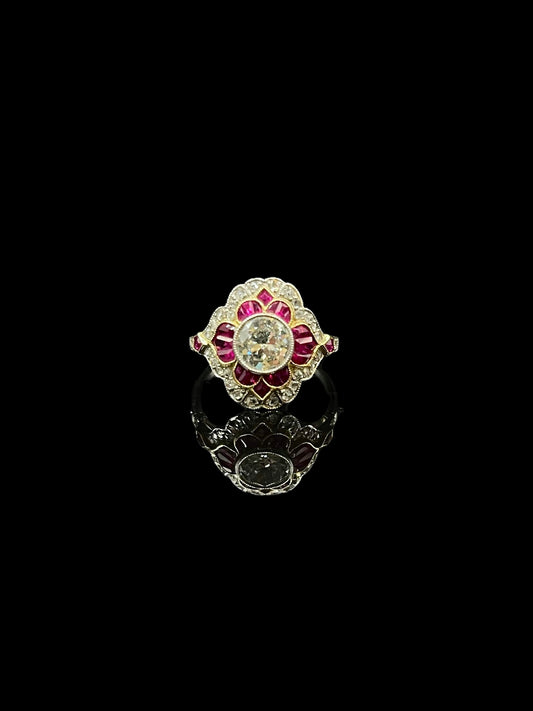 Art Deco Style Platinum Diamond & Ruby Floral Bombe Ring