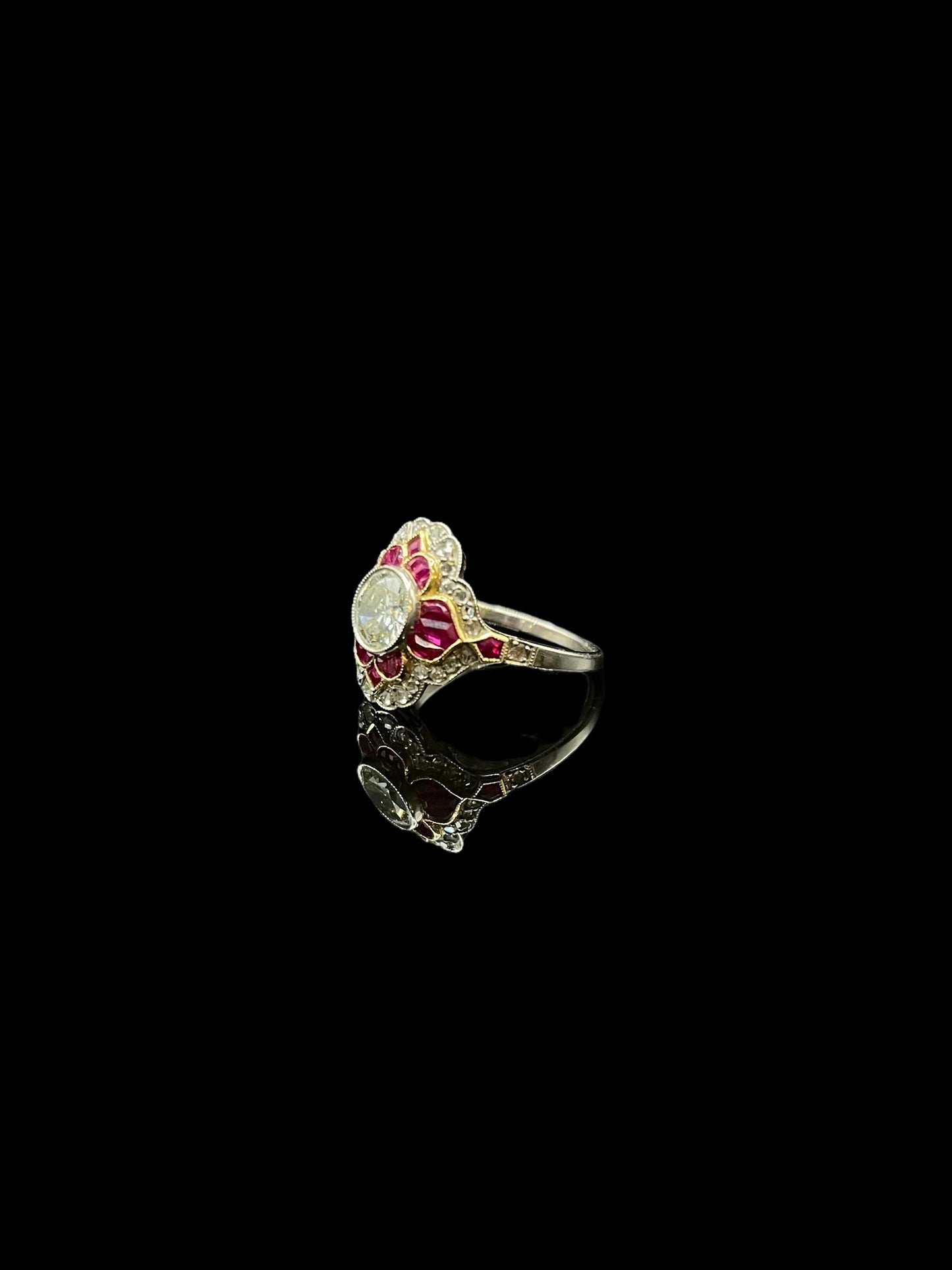 Art Deco Style Platinum Diamond & Ruby Floral Bombe Ring