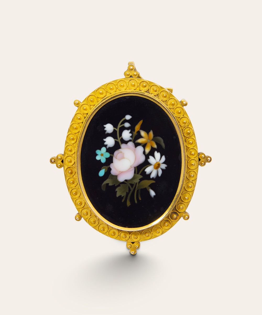 Victorian Etruscan Revival Pietra Dura Brooch