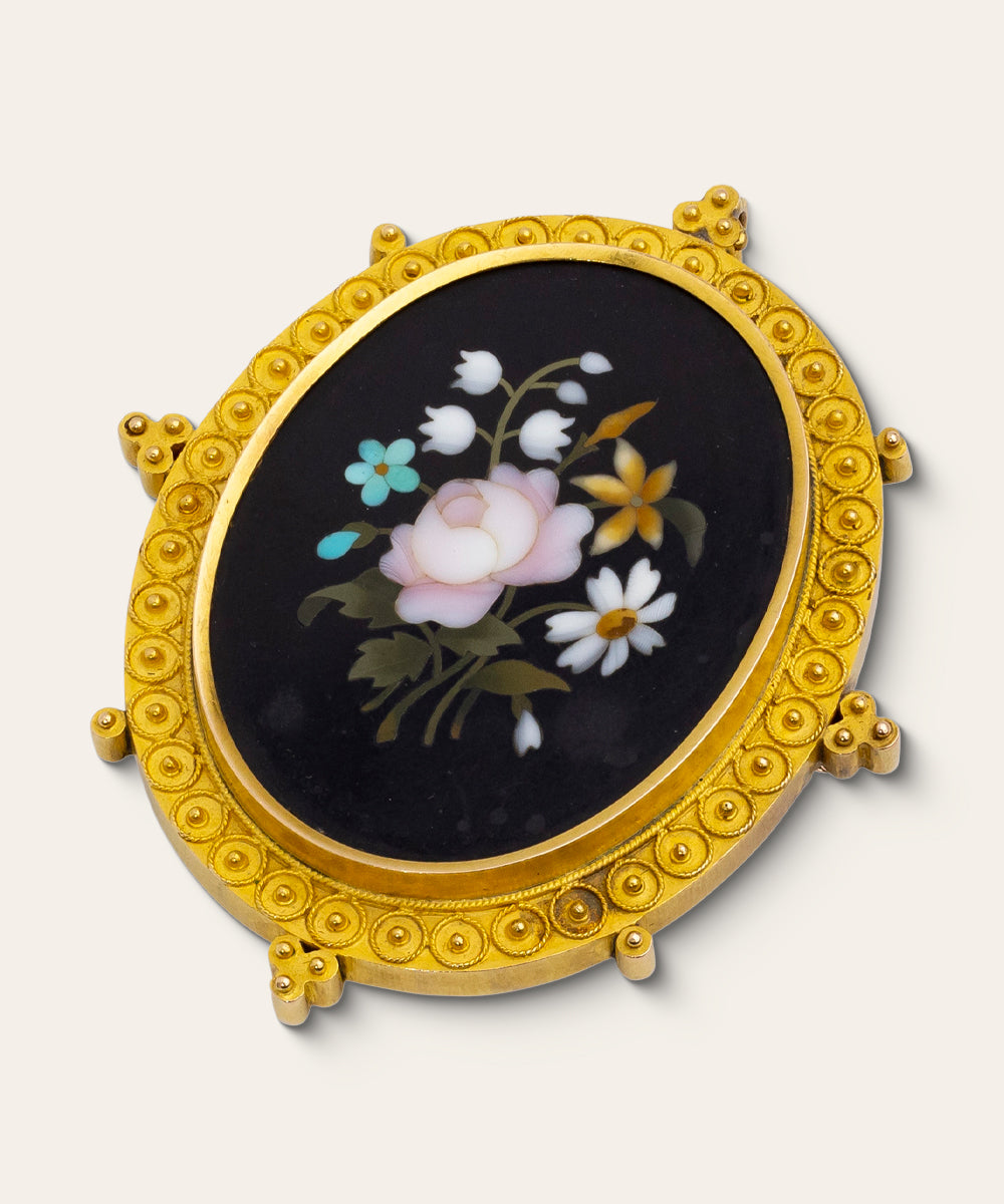 Victorian Etruscan Revival Pietra Dura Brooch