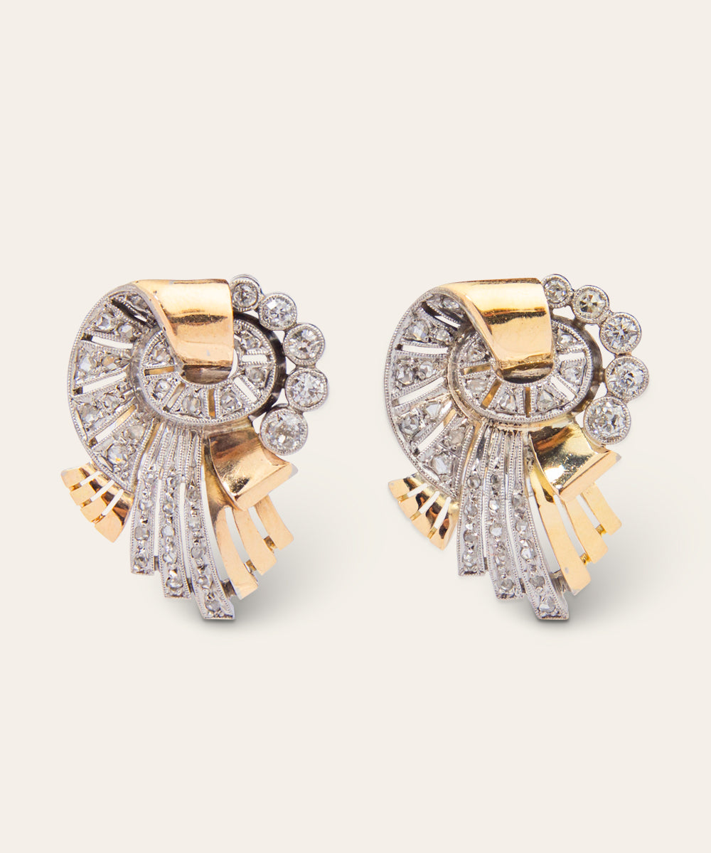 Retro Period Platinum, Yellow Gold, & Diamond Stud Earrings