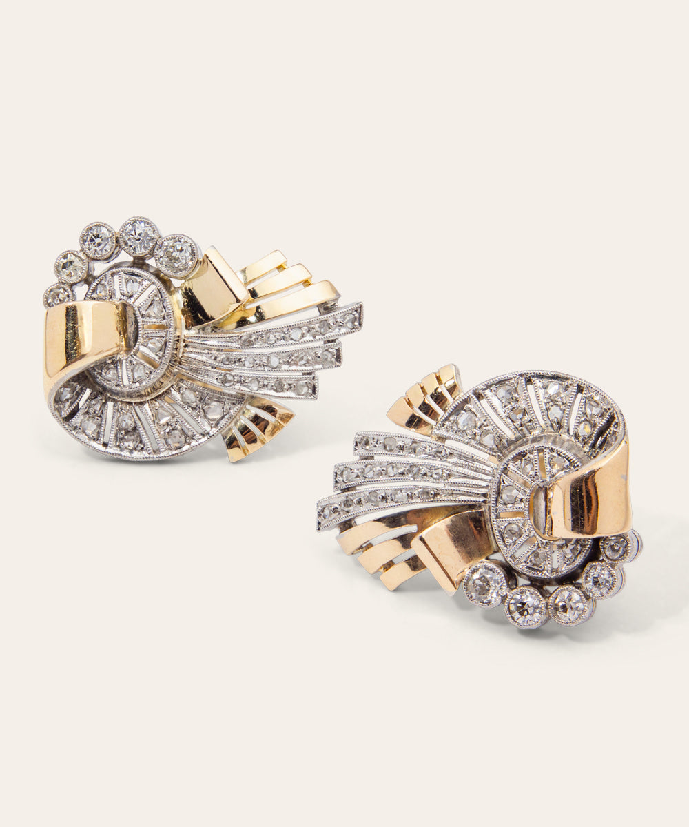 Retro Period Platinum, Yellow Gold, & Diamond Stud Earrings