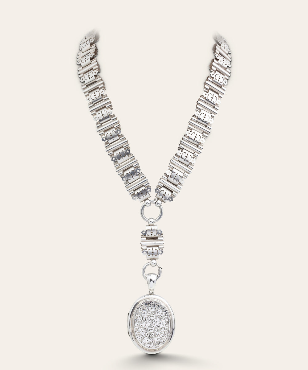 Victorian Silver Book Chain Collar with Pendant