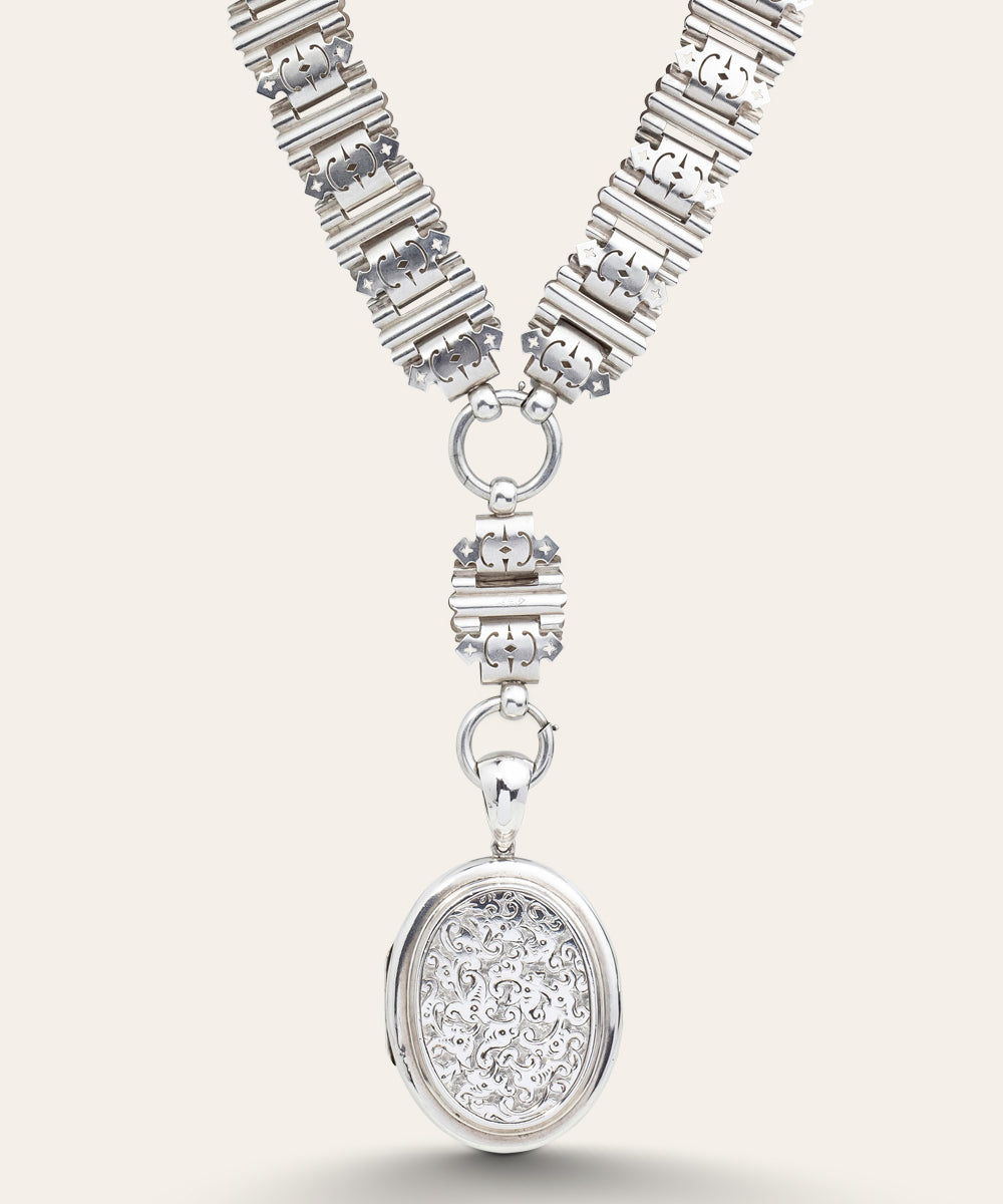 Victorian Silver Book Chain Collar with Pendant