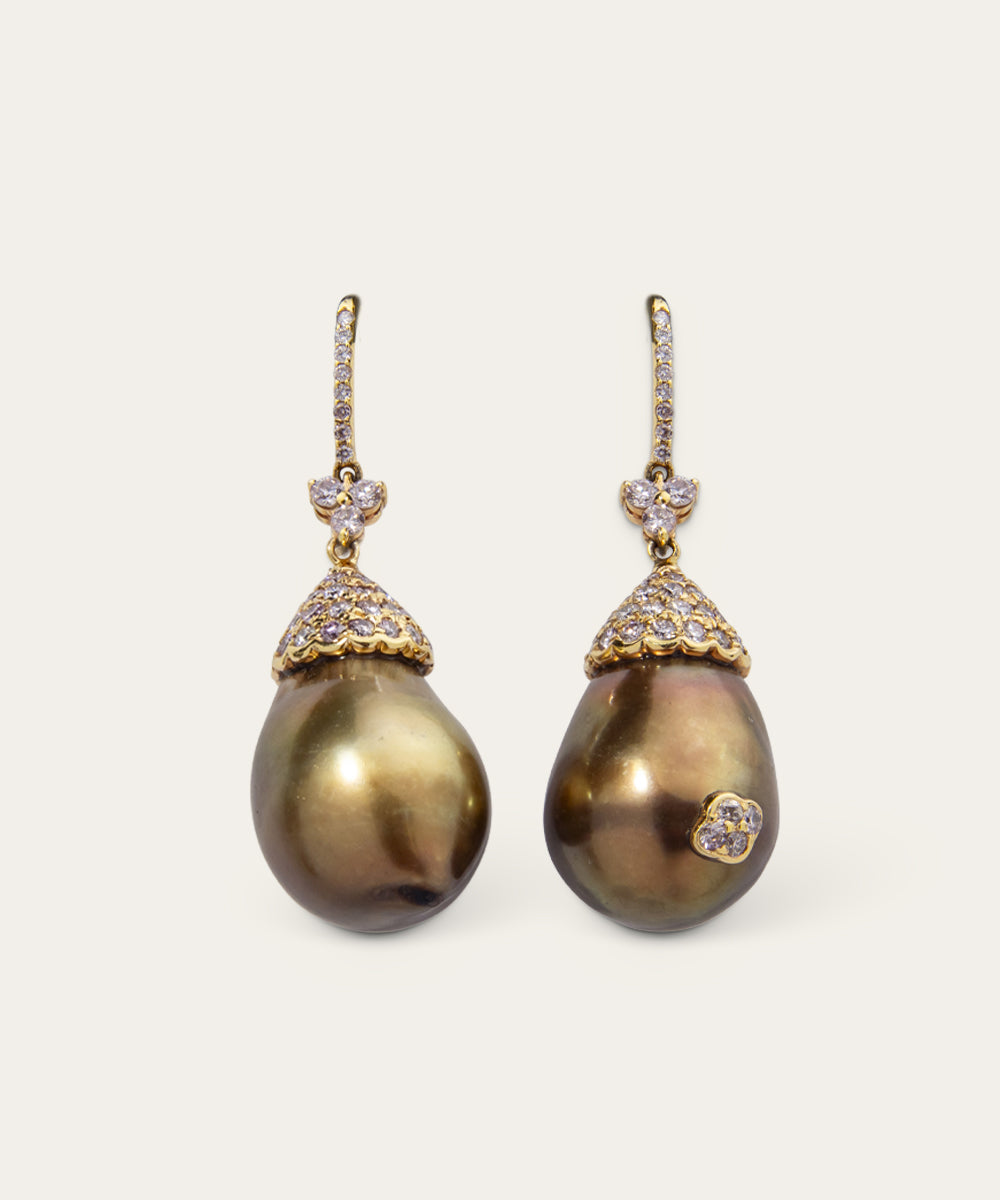 Rose Gold, Pearl, and Diamond Drop Earrings