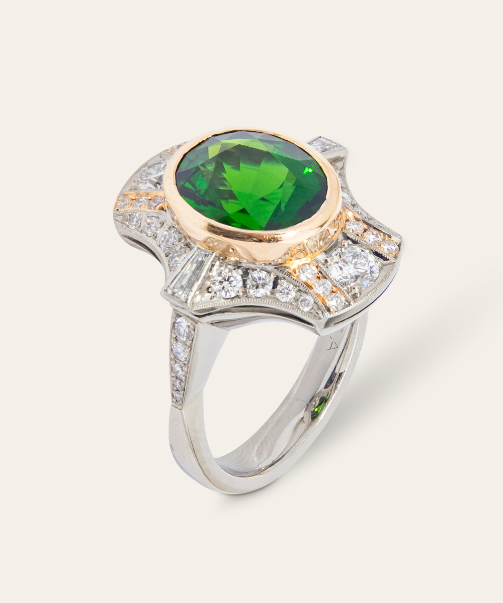 Art Deco Style White & Rose Gold Tourmaline Diamond Ring