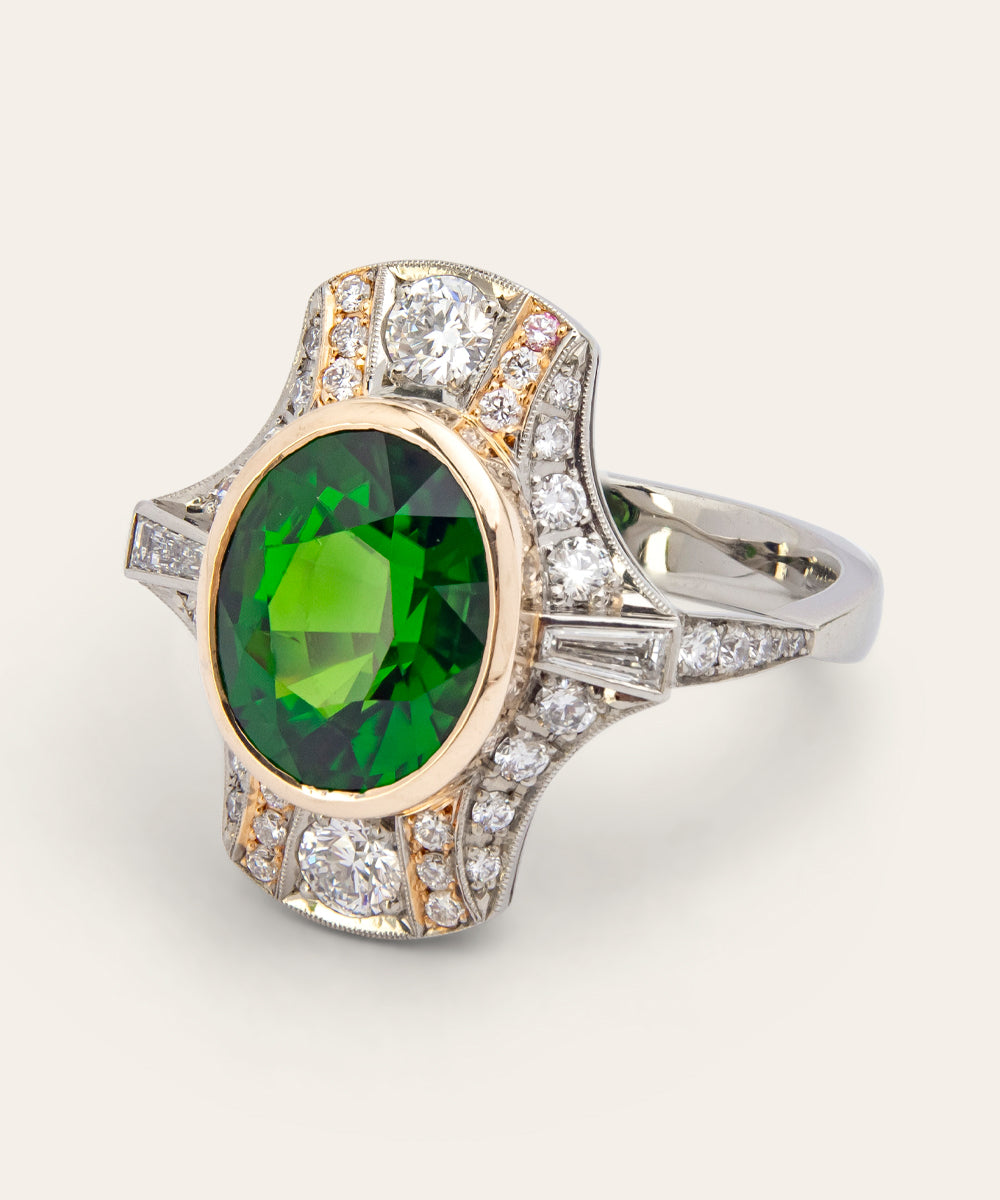 Art Deco Style White & Rose Gold Tourmaline Diamond Ring