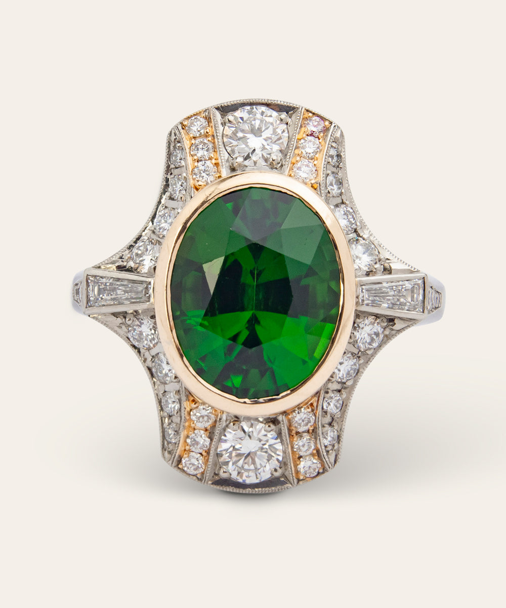 Art Deco Style White & Rose Gold Tourmaline Diamond Ring