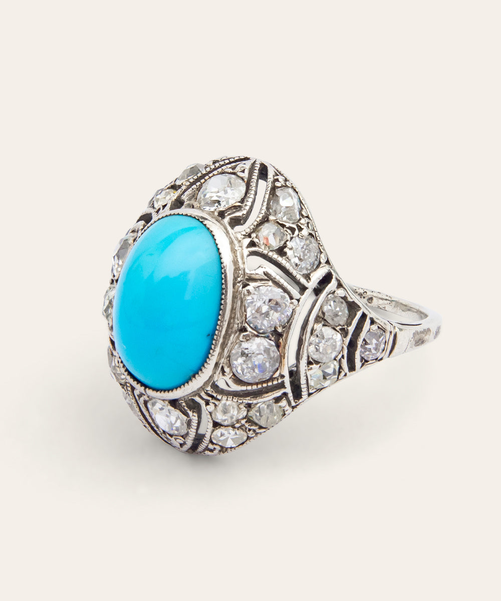 Belle Époque White Gold, Turquoise & Diamond Ring