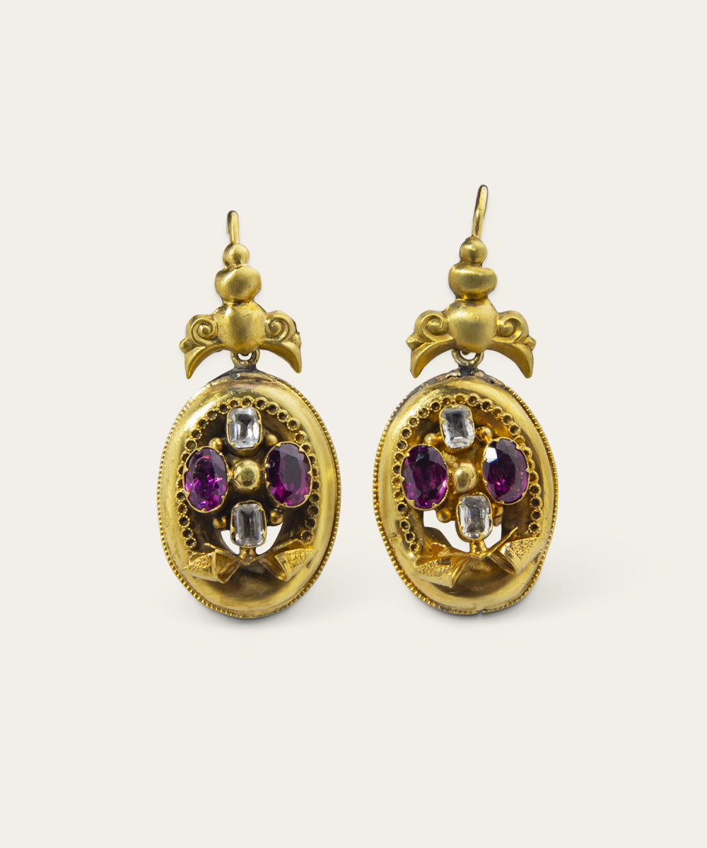 Victorian Yellow Gold, Garnet, and Quartz Drop Earrings