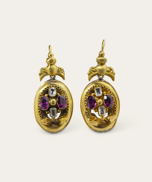 Victorian Yellow Gold, Garnet, and Quartz Drop Earrings