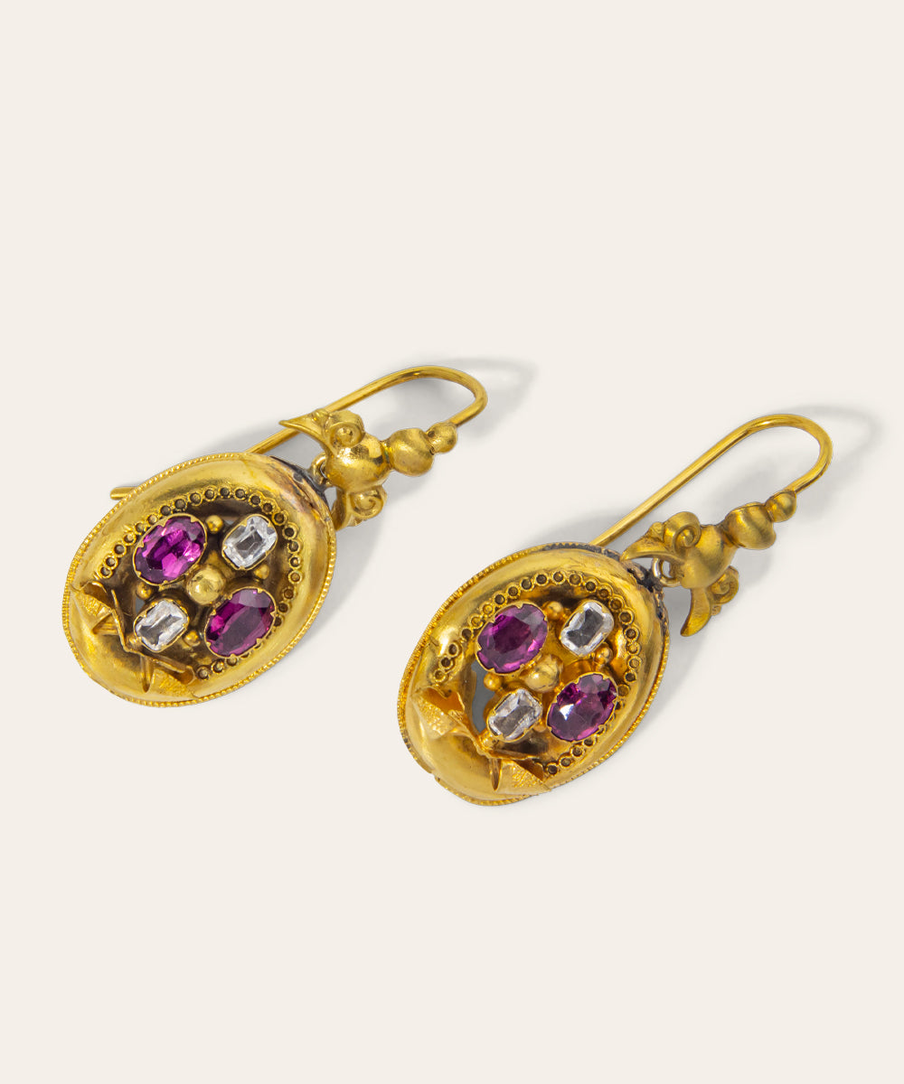 Victorian Yellow Gold, Garnet, and Quartz Drop Earrings