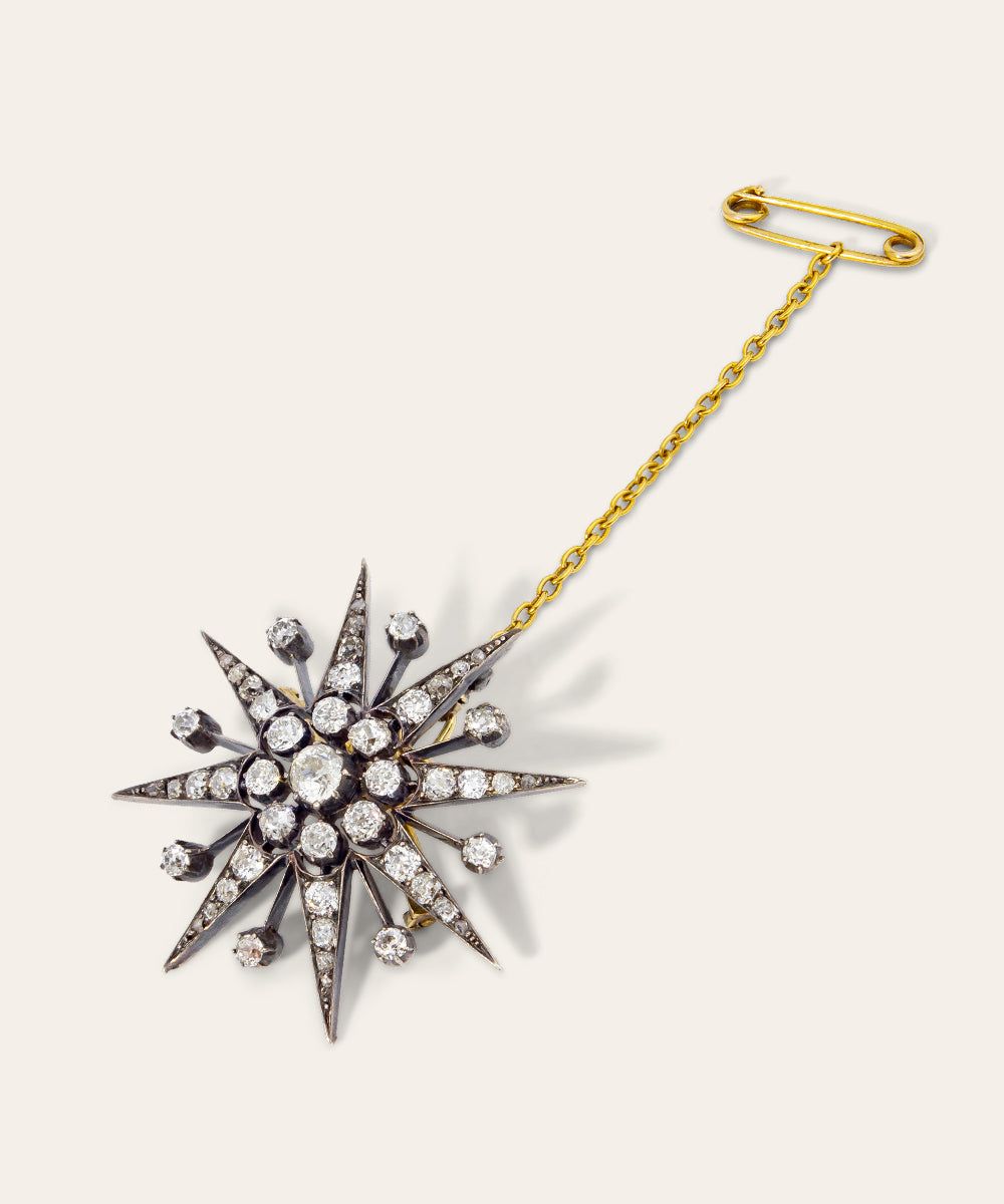Antique Silver, Gold, & Diamond Star Burst Brooch/Pendant
