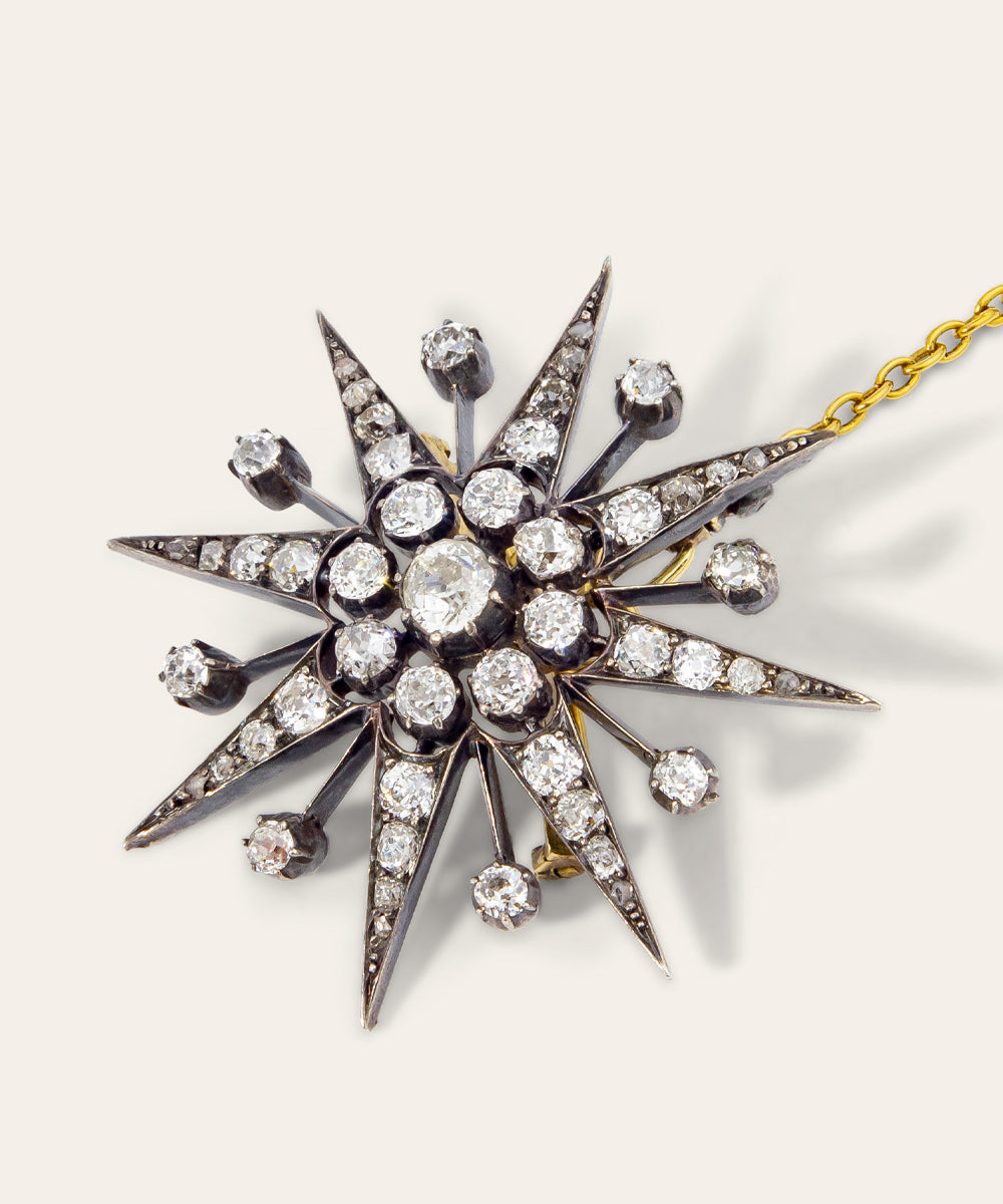 Antique Silver, Gold, & Diamond Star Burst Brooch/Pendant