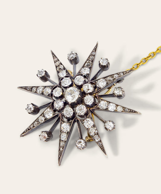 Antique Silver, Gold, & Diamond Star Burst Brooch/Pendant
