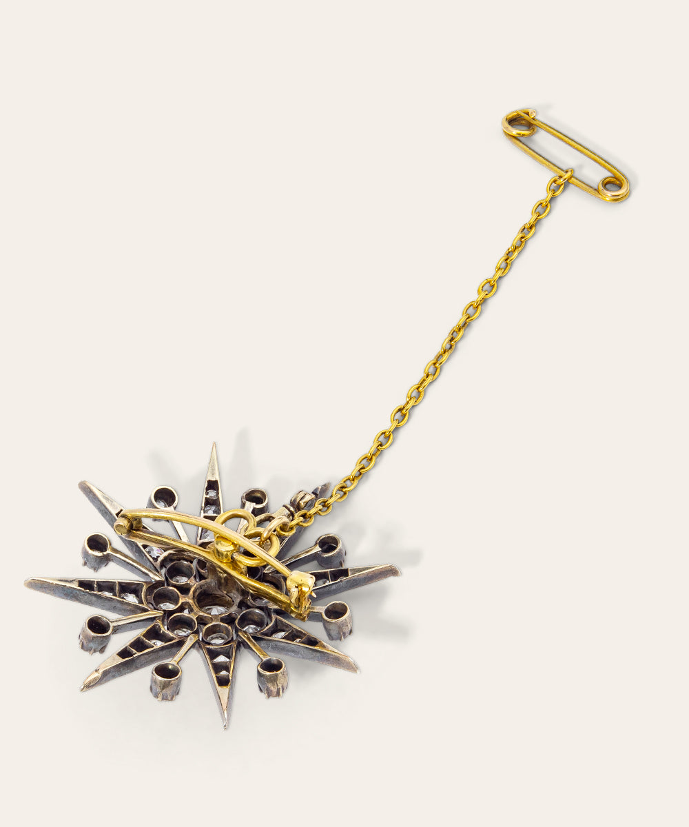 Antique Silver, Gold, & Diamond Star Burst Brooch/Pendant