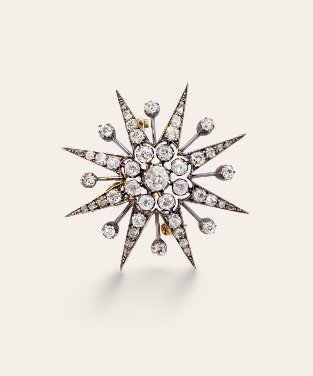 Antique Silver, Gold, & Diamond Star Burst Brooch/Pendant