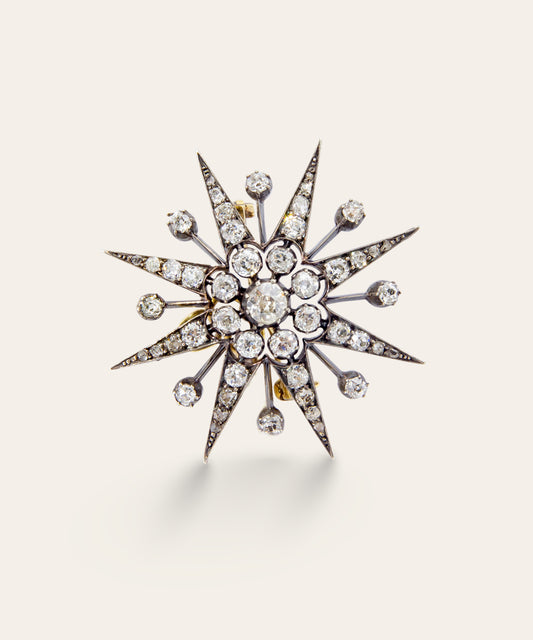 Antique Silver, Gold, & Diamond Star Burst Brooch/Pendant
